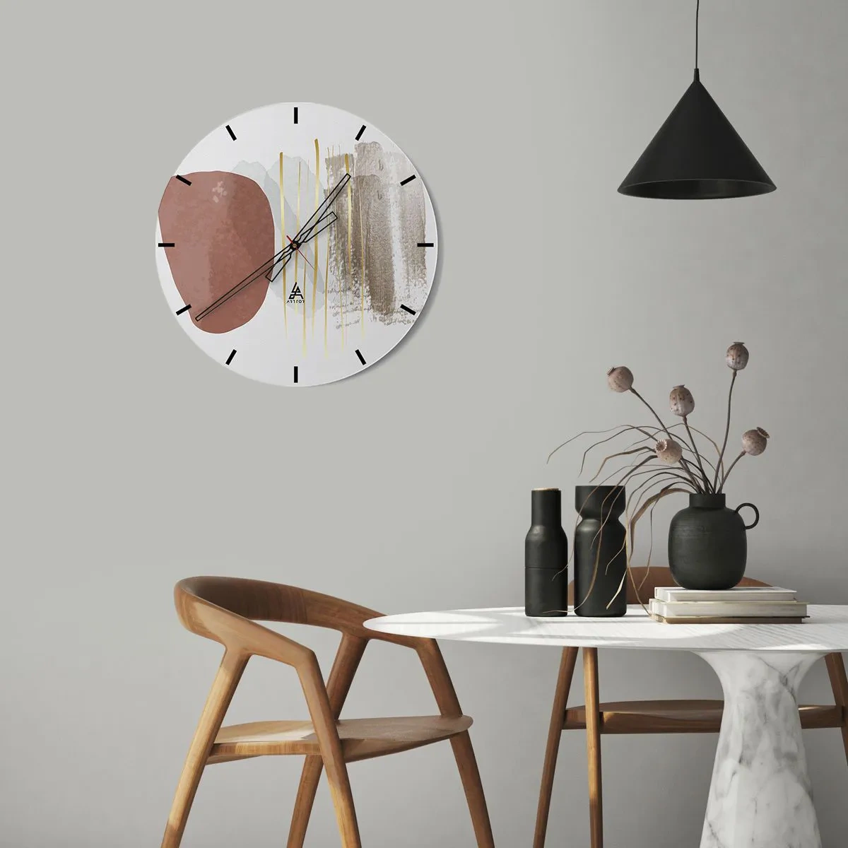 Reloj de pared - Reloj de vidrio - Formas abstractas minimalistas en tonos beige y marrón. - 30x30cm - Una columnata abstracta - Decoración de pared moderna para salón, cocina y dormitorio ARTTOR