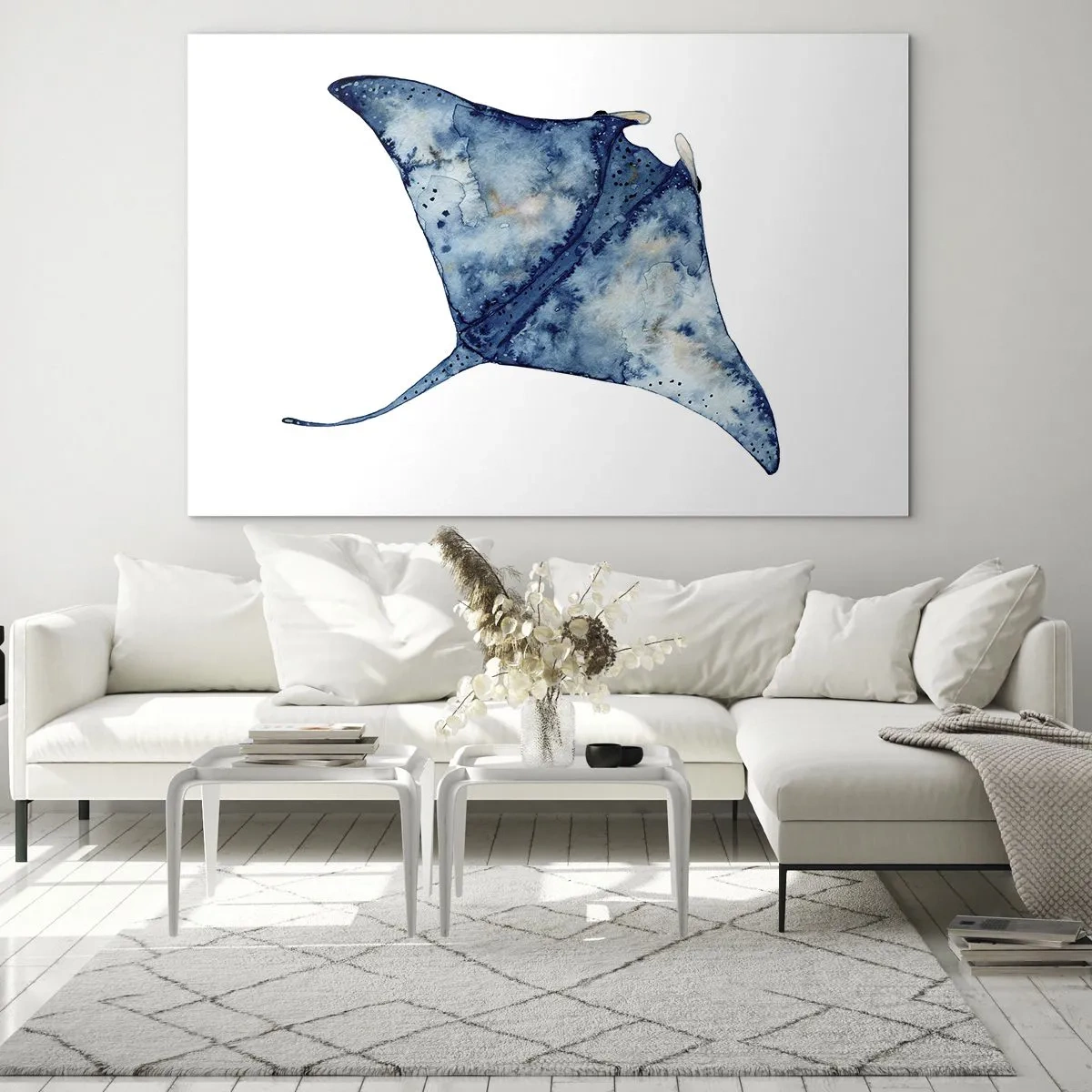 Cuadro sobre vidrio - Impresiones sobre Vidrio - Rayo azul marino en estilo acuarela sobre fondo blanco. - 70x50cm - La vida en azul - Decoración de pared moderna para salón y dormitorio ARTTOR