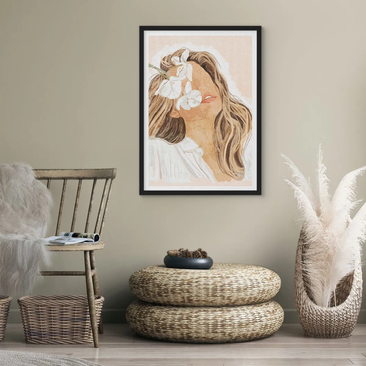 Póster en marco negro - Retrato de una mujer con flores cubriendo su rostro. - 50x70cm - Entre flores, en éxtasis - Decoración de pared moderna para salón y dormitorio ARTTOR
