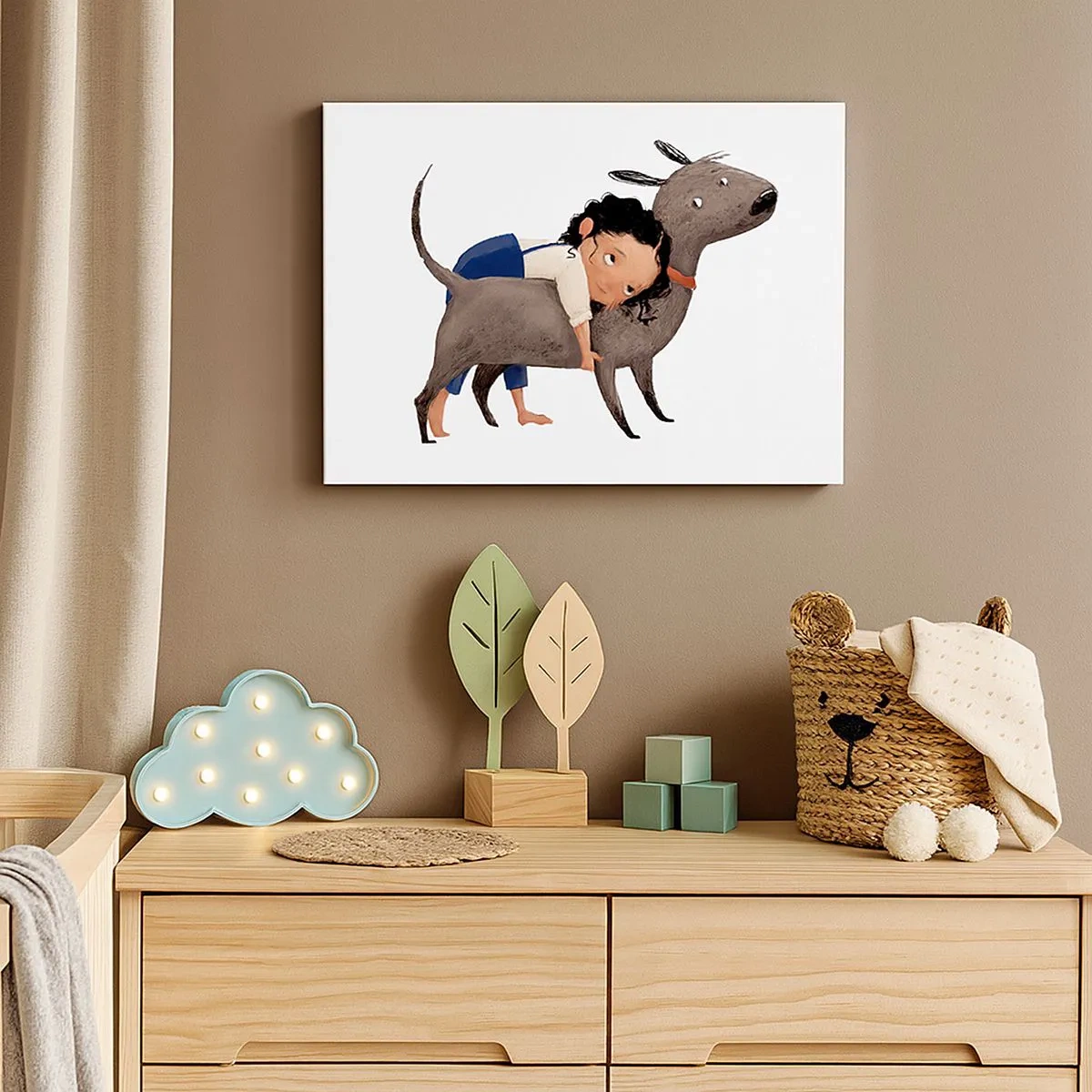 Cuadro sobre lienzo - Impresión de Imagen - Ilustración de estilo de dibujos animados de un niño abrazando a un perro. - 70x50cm - Mejores amigos - Decoración de pared moderna para salón y dormitorio ARTTOR