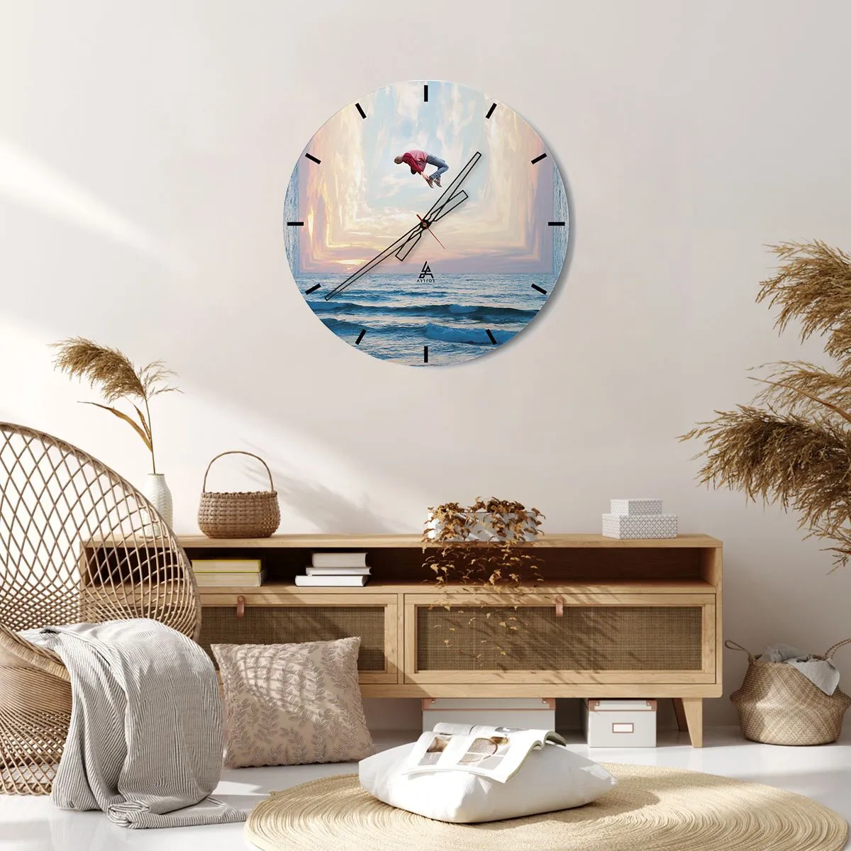 Reloj de pared - Reloj de vidrio - Una figura saltando junto al mar en un paisaje surrealista. - 30x30cm - A otra dimensión - Decoración de pared moderna para salón, cocina y dormitorio ARTTOR