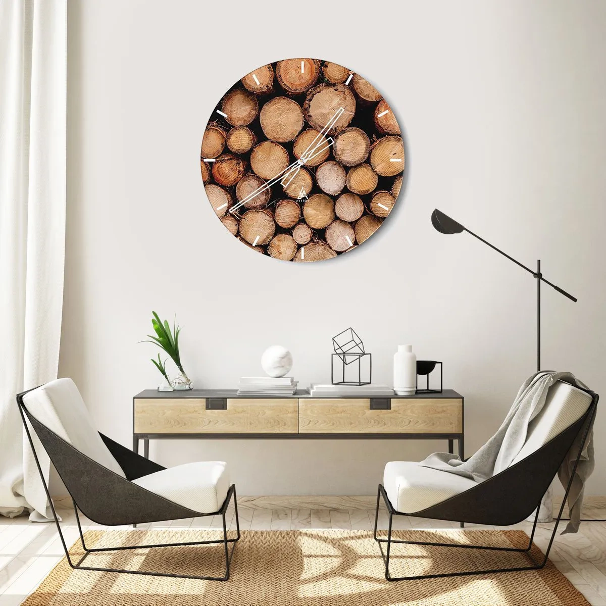 Reloj de pared - Reloj de vidrio - Troncos de árboles cortados dispuestos en una composición natural. - 30x30cm - Un nuevo comienzo - Decoración de pared moderna para salón, cocina y dormitorio ARTTOR
