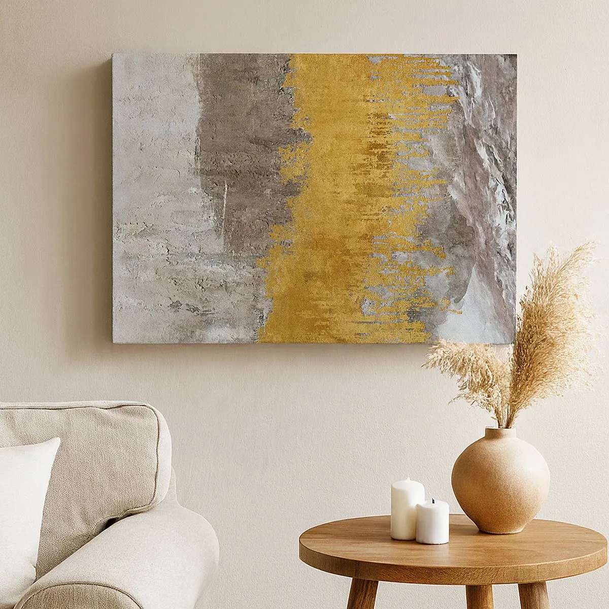 Cuadro sobre lienzo - Impresión de Imagen - Patrón abstracto dorado y beige - 70x50cm - Una ráfaga dorada - Decoración de pared moderna para salón y dormitorio ARTTOR