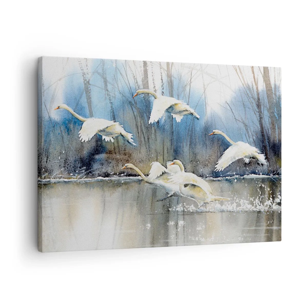 Cuadro sobre lienzo - Impresión de Imagen - Cisnes en vuelo sobre un lago congelado en un paisaje invernal - 70x50cm - Como en un cuento de cisnes salvajes - Decoración de pared moderna para salón y dormitorio ARTTOR