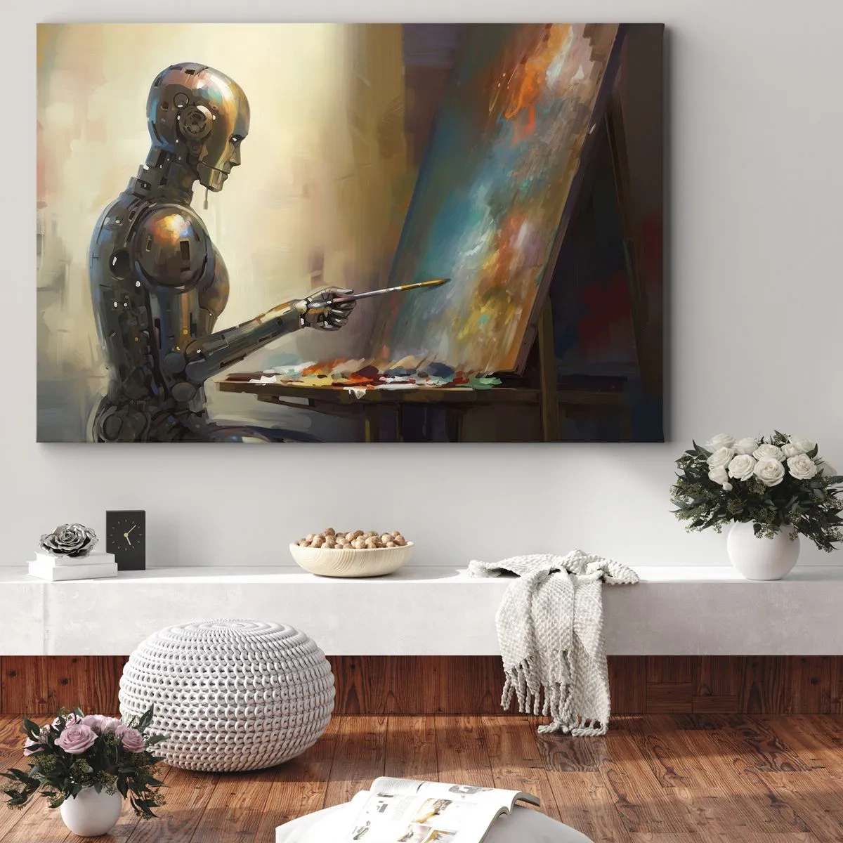 Cuadro sobre lienzo - Impresión de Imagen - Un robot pintando sobre un lienzo con un estilo artístico. - 70x50cm - Arte del futuro - Decoración de pared moderna para salón y dormitorio ARTTOR