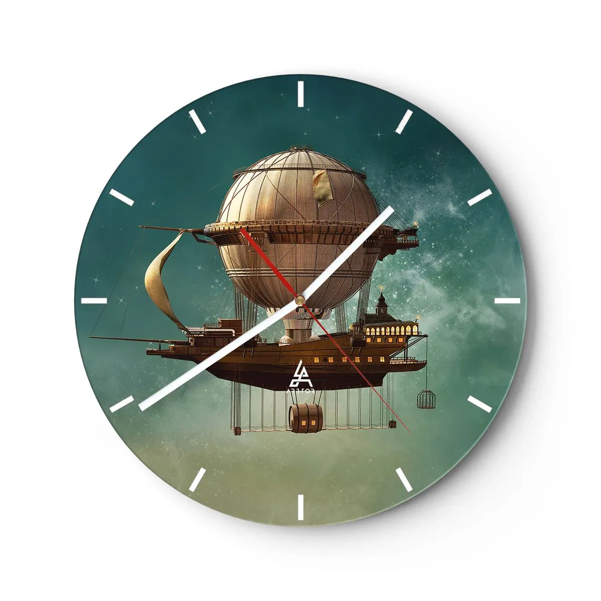 Reloj de pared - Reloj de vidrio - Un fantástico dirigible retro flotando en las nubes. - 30x30cm - Julio Verne saluda - Decoración de pared moderna para salón, cocina y dormitorio ARTTOR