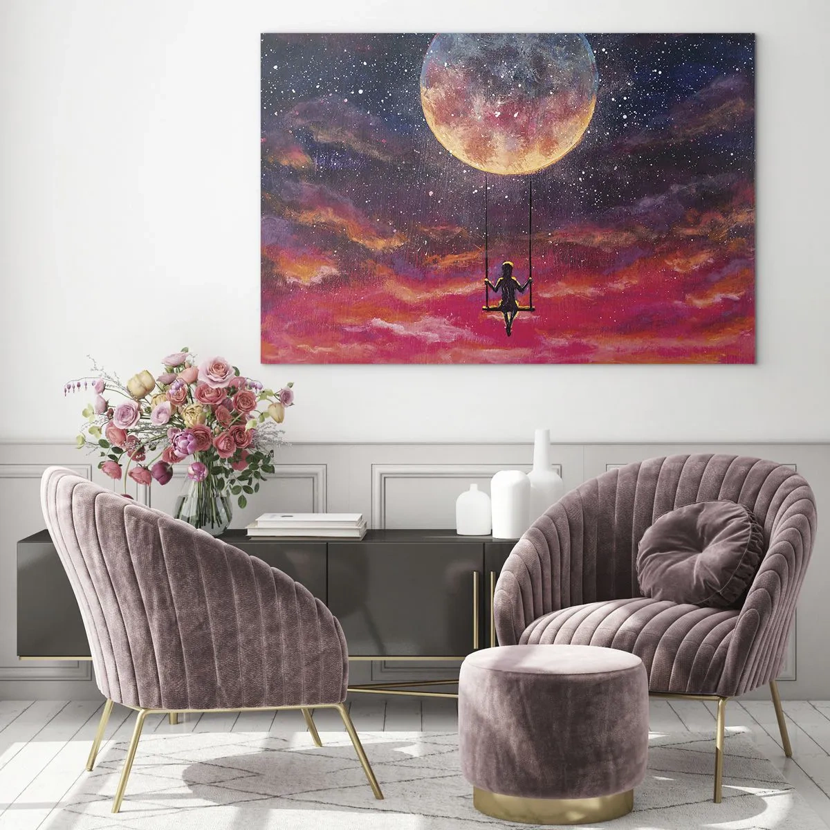 Cuadro sobre vidrio - Impresiones sobre Vidrio - Una niña en un columpio suspendido bajo la luna. - 70x50cm - Disfrutar de las nubes - Decoración de pared moderna para salón y dormitorio ARTTOR