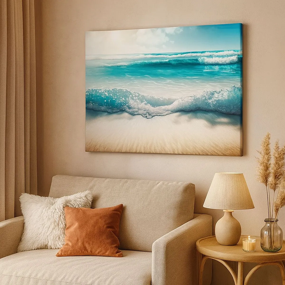 Cuadro sobre lienzo - Impresión de Imagen - Olas del océano en una playa de arena clara - 70x50cm - Calma oceánica - Decoración de pared moderna para salón y dormitorio ARTTOR