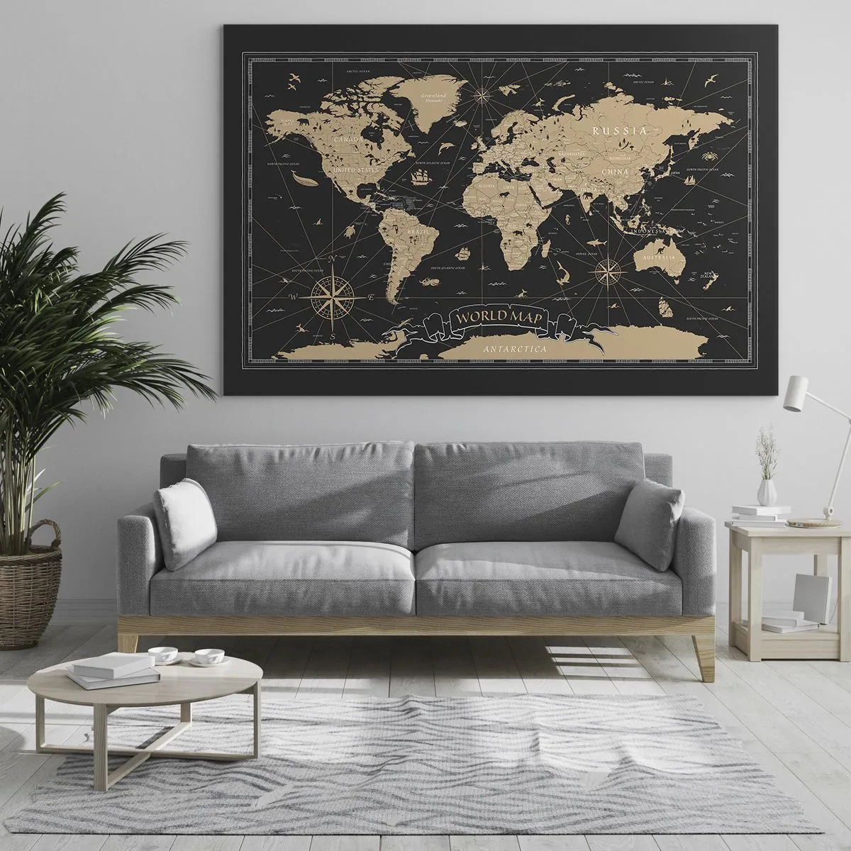 Cuadro sobre vidrio - Impresiones sobre Vidrio - Mapa del mundo estilizado en tonos beige y negro. - 70x50cm - Las fronteras de mi mundo - Decoración de pared moderna para salón y dormitorio ARTTOR