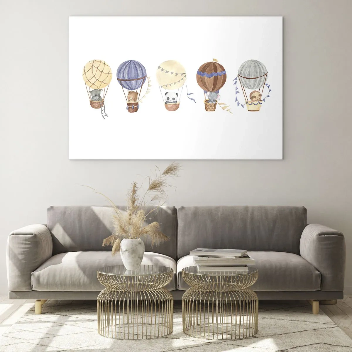 Cuadro sobre vidrio - Impresiones sobre Vidrio - Animales volando en globos en estilo acuarela. - 70x50cm - Amigos de viaje - Decoración de pared moderna para salón y dormitorio ARTTOR