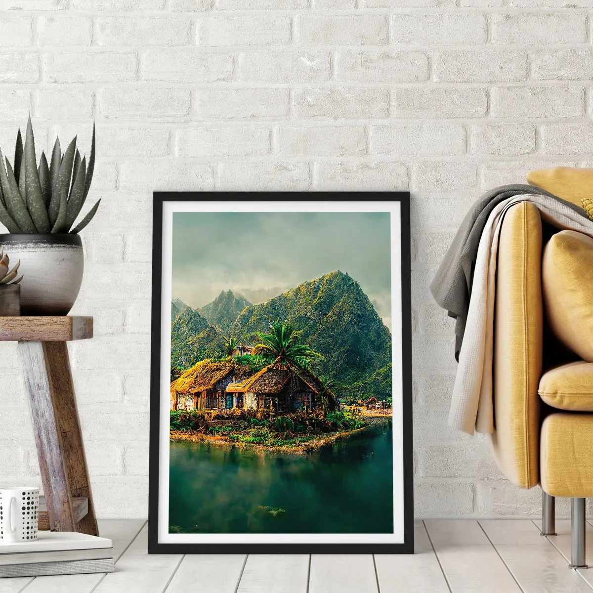 Póster en marco negro - Cabaña tropical con montañas y un lago al fondo. - 50x70cm - Paraíso tropical - Decoración de pared moderna para salón y dormitorio ARTTOR