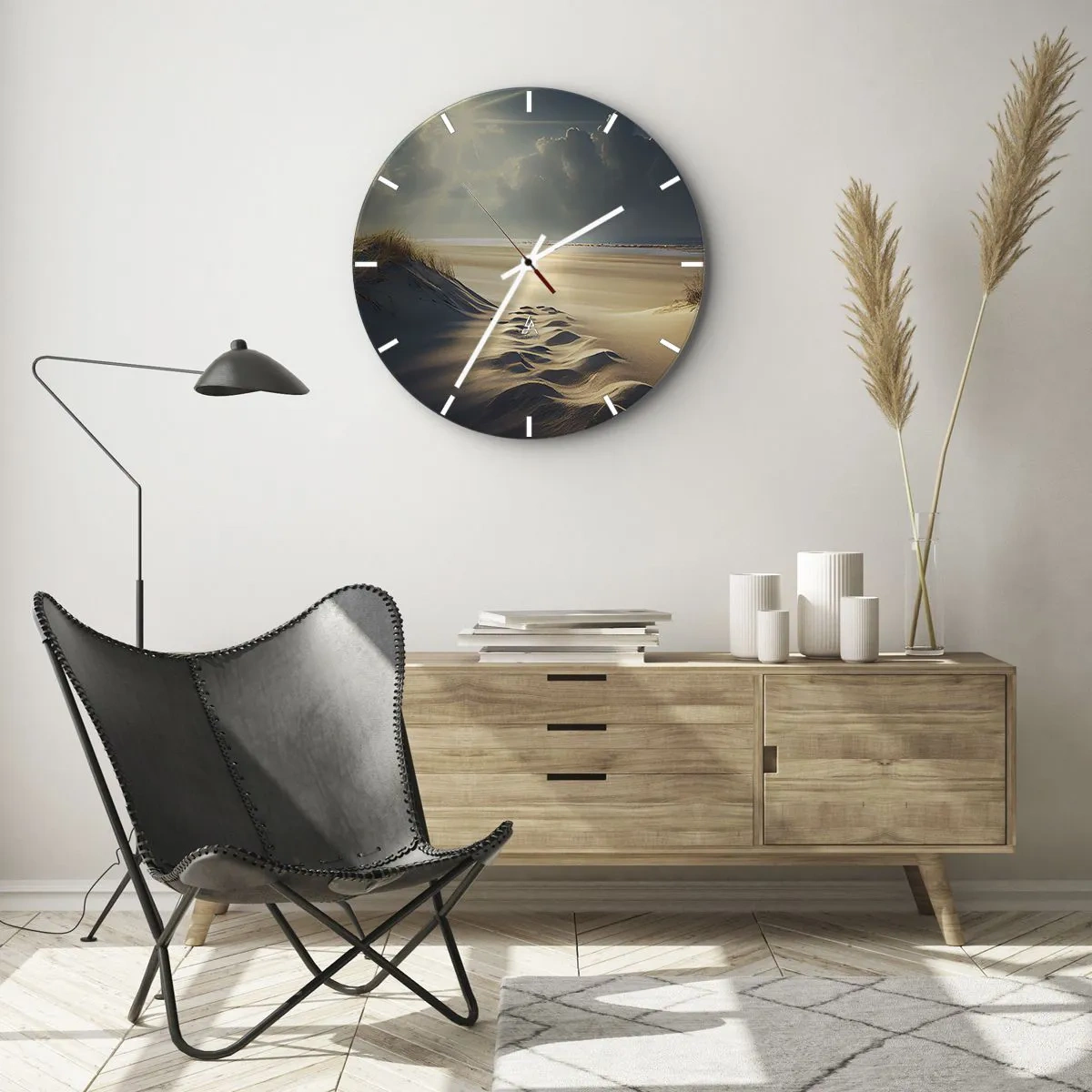 Reloj de pared - Reloj de vidrio - Dunas de arena iluminadas por los rayos del sol con vistas al horizonte. - 30x30cm - Paisaje tranquilizador - Decoración de pared moderna para salón, cocina y dormitorio ARTTOR