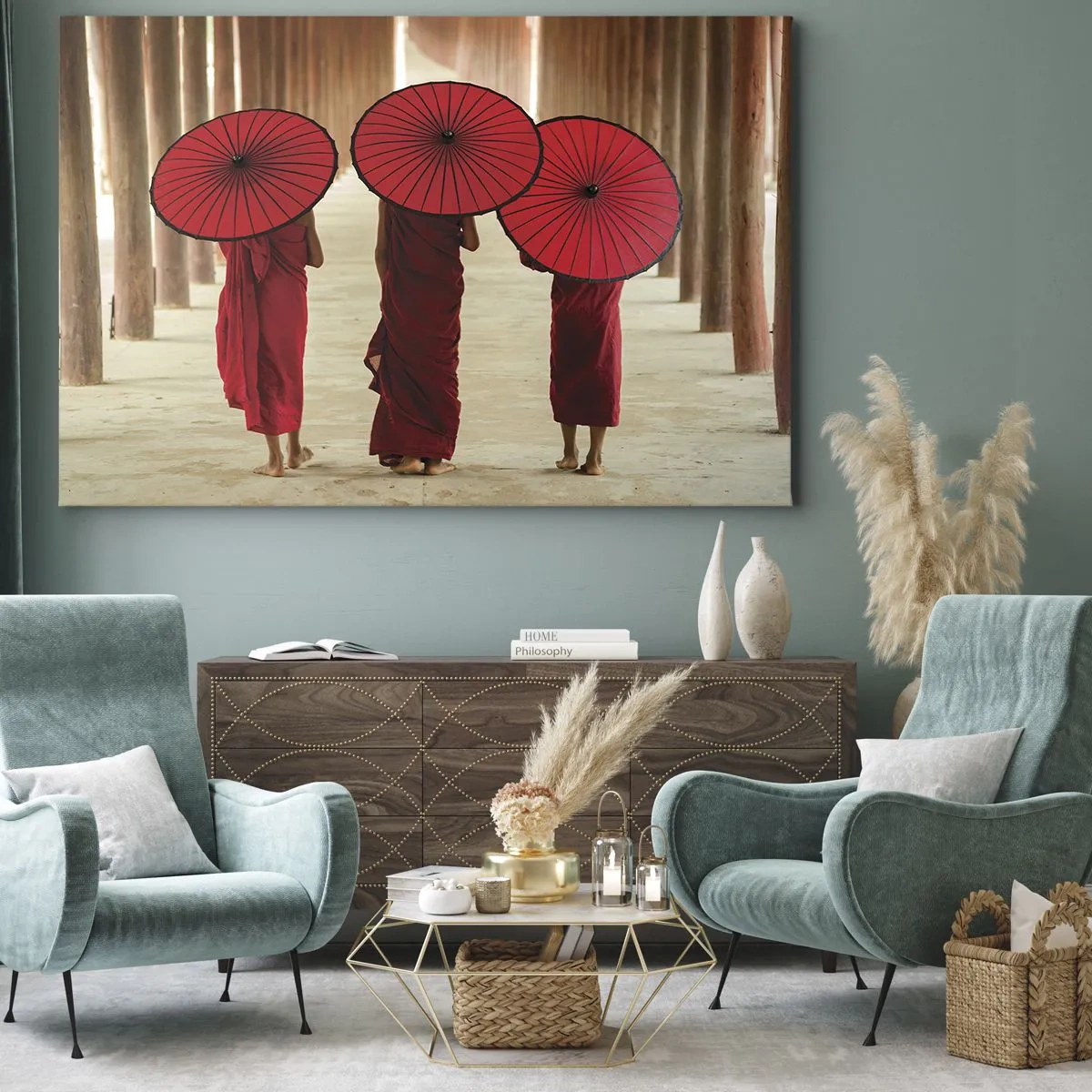 Cuadro sobre lienzo - Impresión de Imagen - Tres monjes con paraguas rojos en la arquitectura tradicional - 70x50cm - En el camino a la Tierra Pura - Decoración de pared moderna para salón y dormitorio ARTTOR