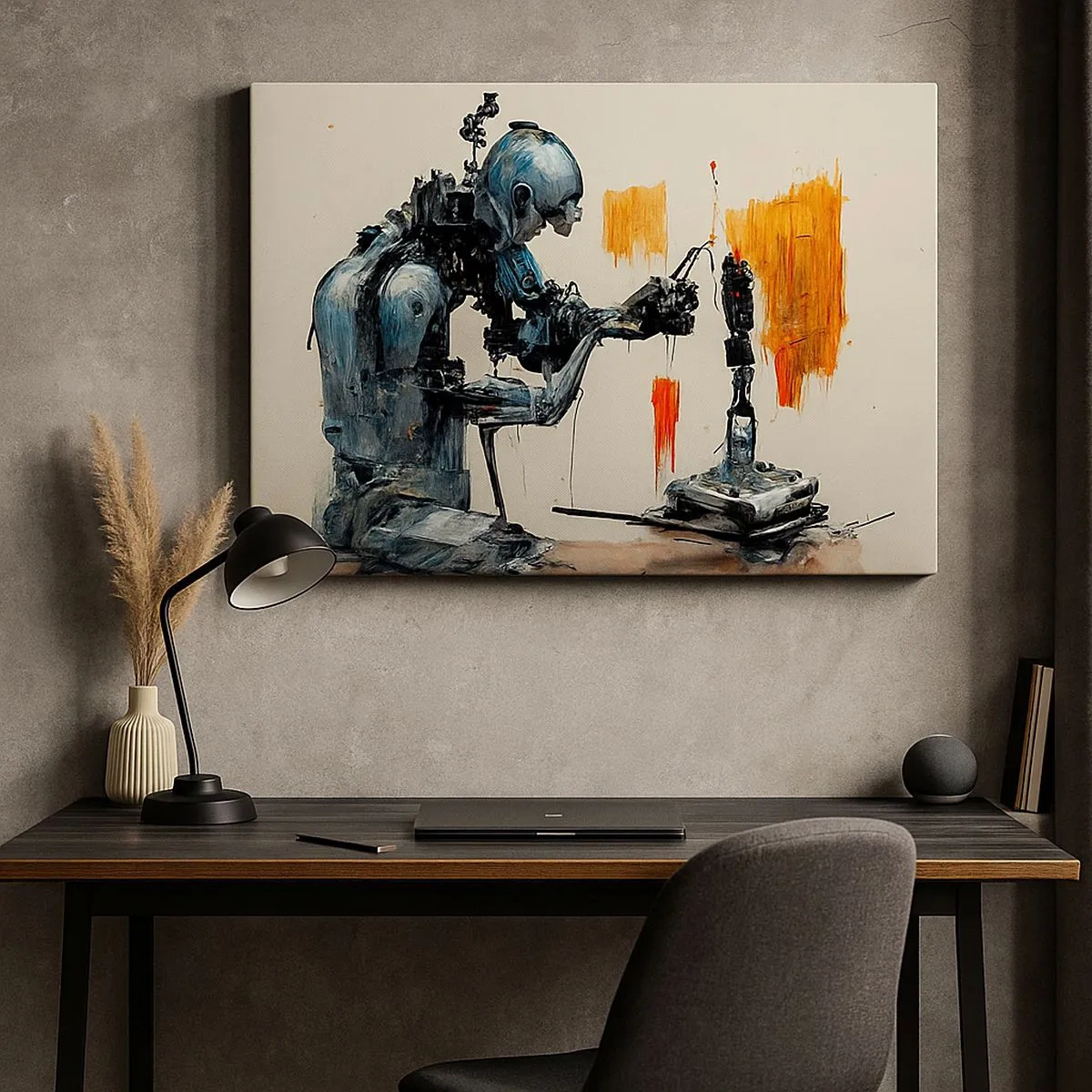 Cuadro sobre lienzo - Impresión de Imagen - Robot trabajando con fondo abstracto - 70x50cm - Próximamente... - Decoración de pared moderna para salón y dormitorio ARTTOR