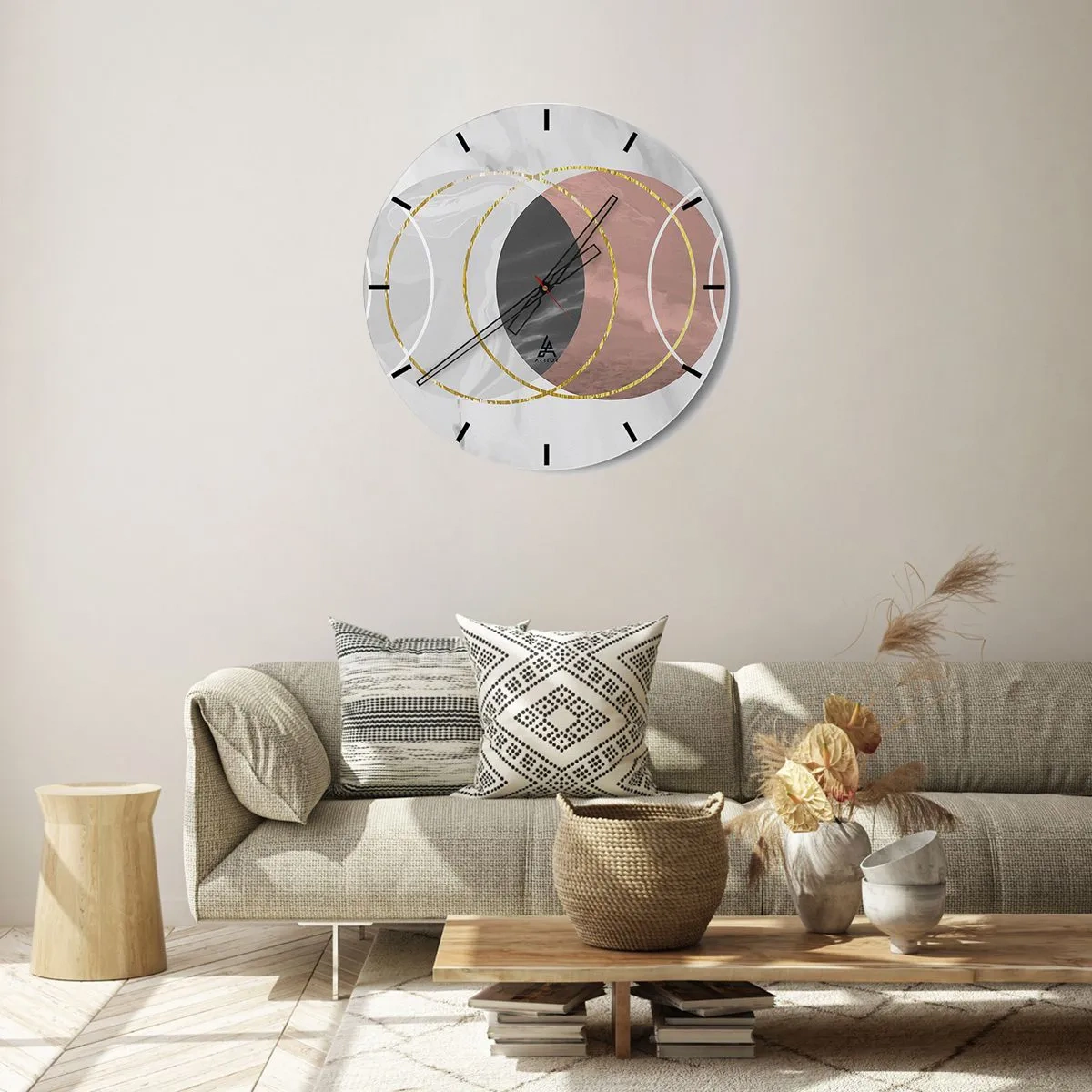 Reloj de pared - Reloj de vidrio - Círculos geométricos en tonos grises y cobre con acentos dorados. - 30x30cm - Música de las esferas - Decoración de pared moderna para salón, cocina y dormitorio ARTTOR
