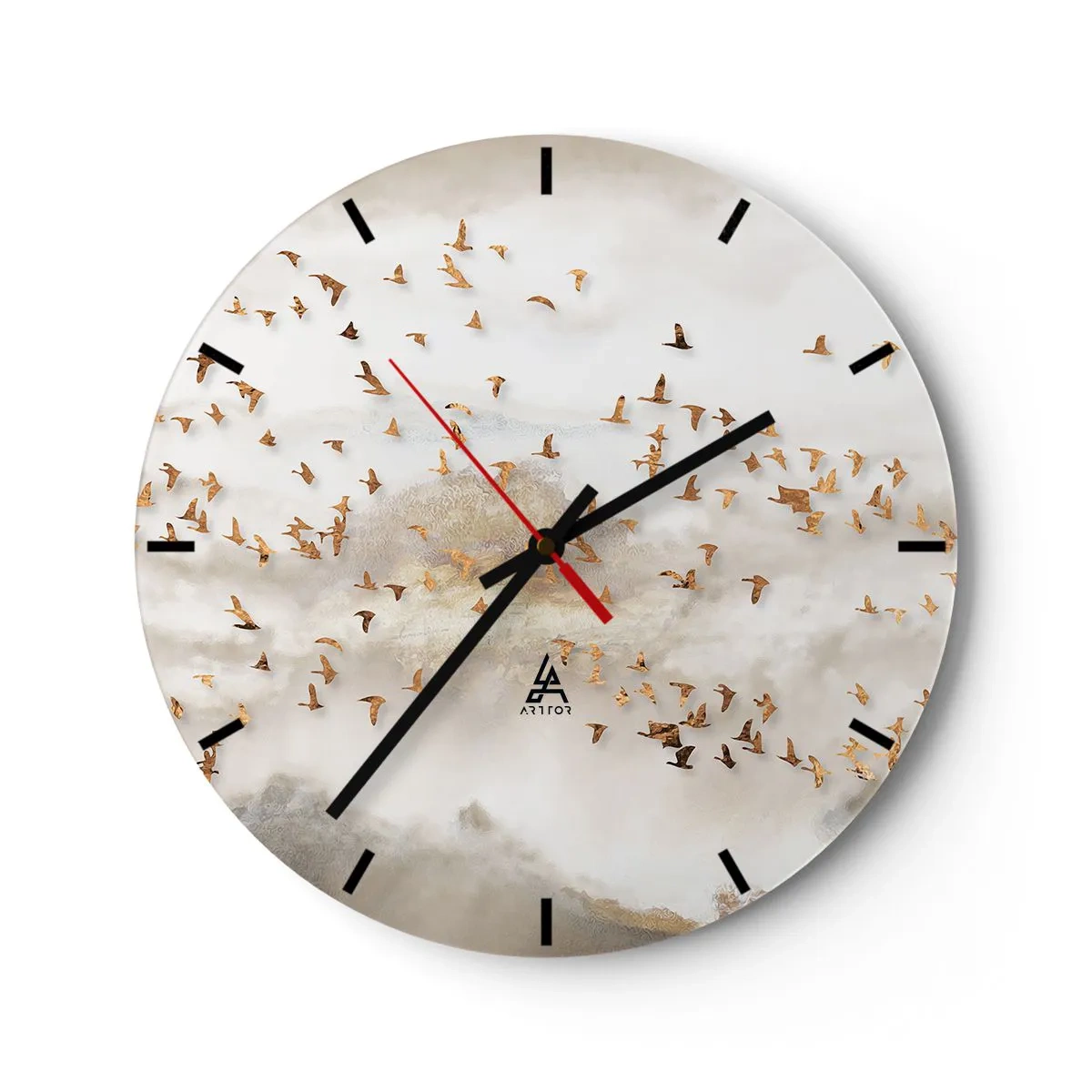 Reloj de pared - Reloj de vidrio - Una bandada de pájaros volando con el telón de fondo de montañas en una delicada niebla. - 30x30cm - Es hora... - Decoración de pared moderna para salón, cocina y dormitorio ARTTOR