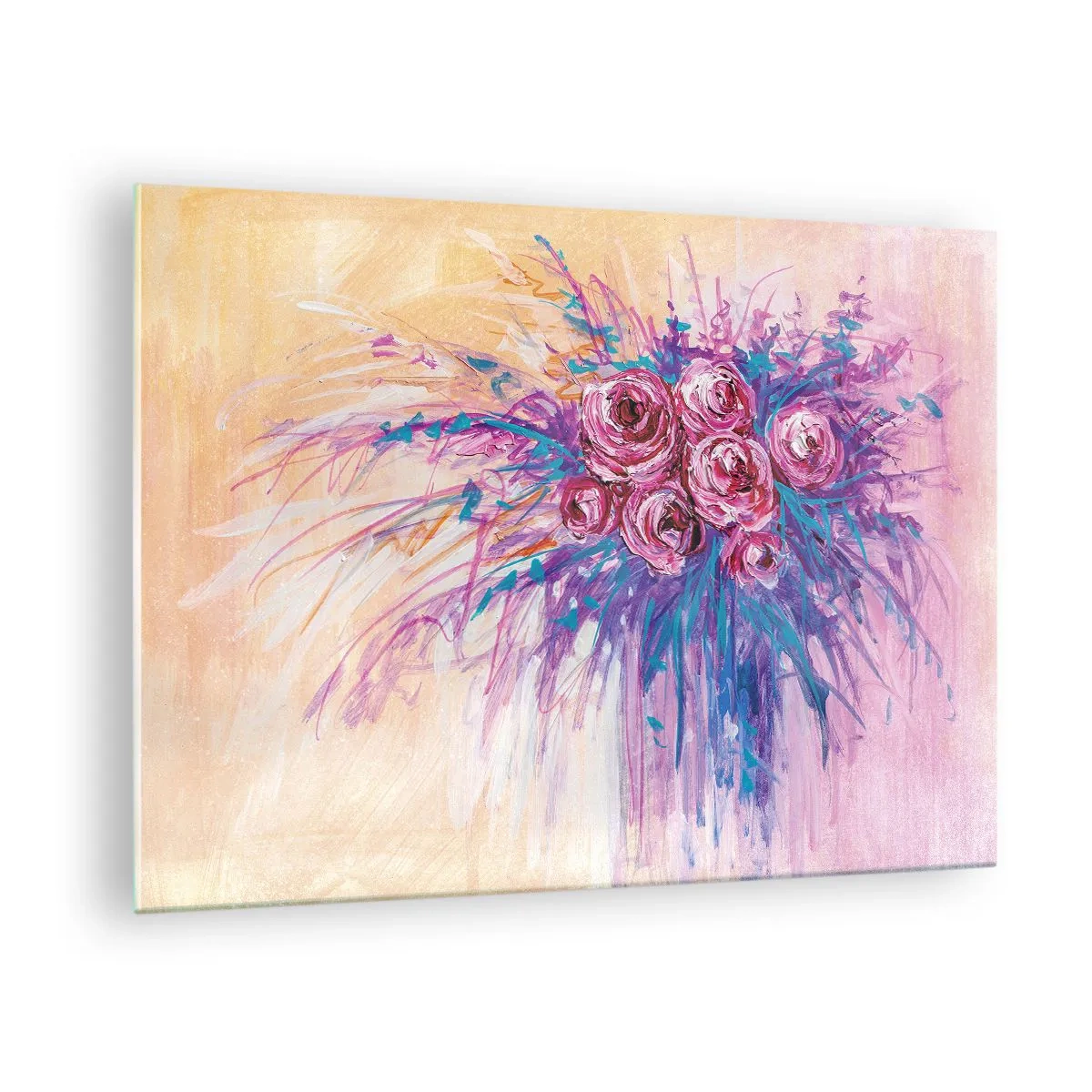 Cuadro sobre vidrio - Impresiones sobre Vidrio - Un ramo de rosas en tonos rosa y morado sobre un fondo pastel. - 70x50cm - Fuente de rosas - Decoración de pared moderna para salón y dormitorio ARTTOR