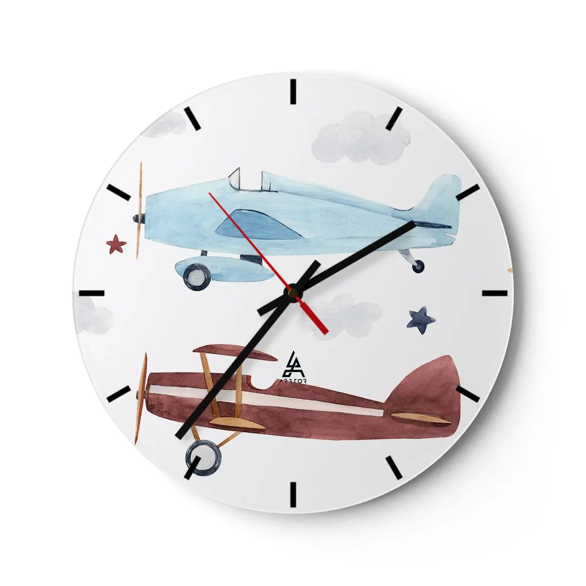 Reloj de pared - Reloj de vidrio - Ilustración de dos aviones de estilo retro sobre un fondo nublado - 30x30cm - ¡Piloto, estamos esperando! - Decoración de pared moderna para salón, cocina y dormitorio ARTTOR