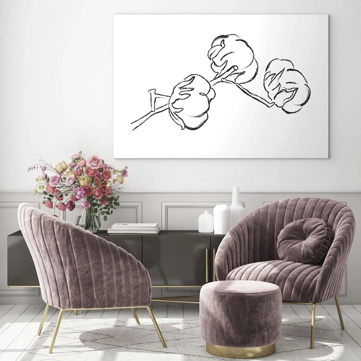 Cuadro sobre vidrio - Impresiones sobre Vidrio - Un boceto minimalista de una rama de algodón en líneas negras. - 70x50cm - Plumón de algodón - Decoración de pared moderna para salón y dormitorio ARTTOR