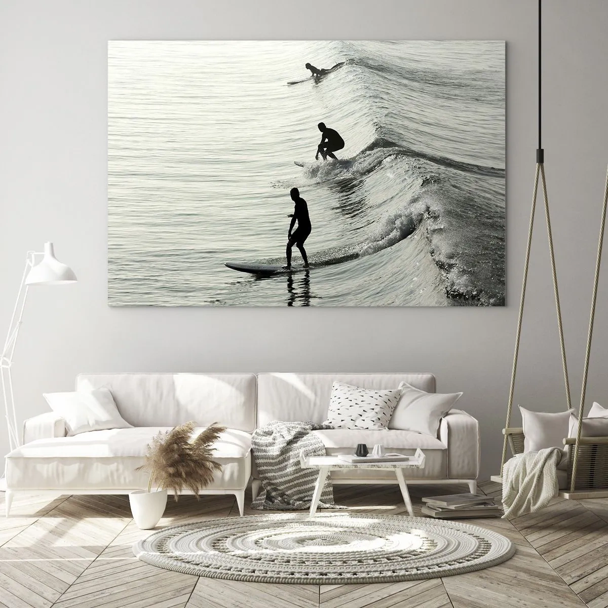 Cuadro sobre vidrio - Impresiones sobre Vidrio - Tres surfistas montando las olas por la mañana. - 70x50cm - Al encuentro de la ola - Decoración de pared moderna para salón y dormitorio ARTTOR