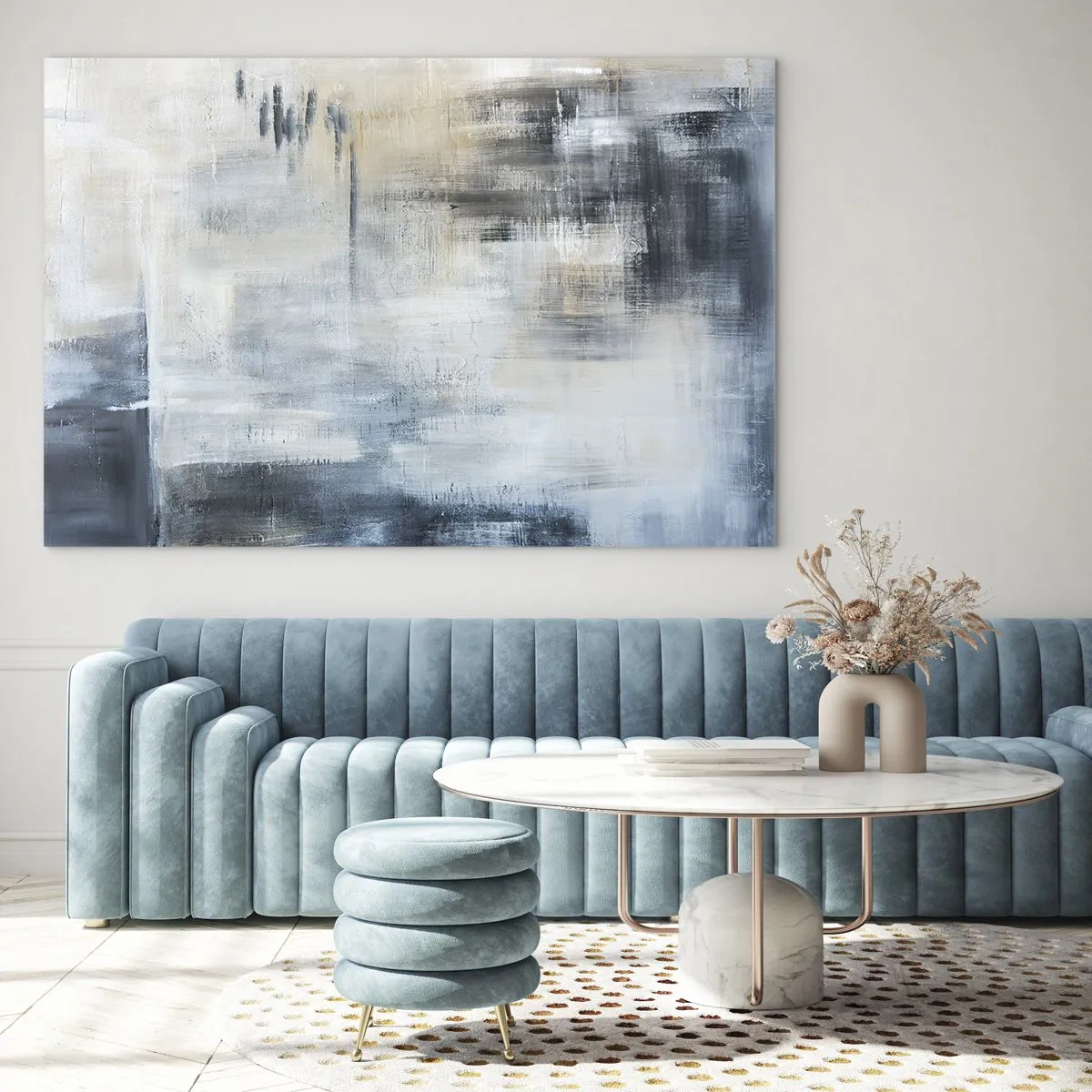 Cuadro sobre vidrio - Impresiones sobre Vidrio - Composición abstracta en tonos azules y grises. - 70x50cm - Detrás de un velo azul - Decoración de pared moderna para salón y dormitorio ARTTOR