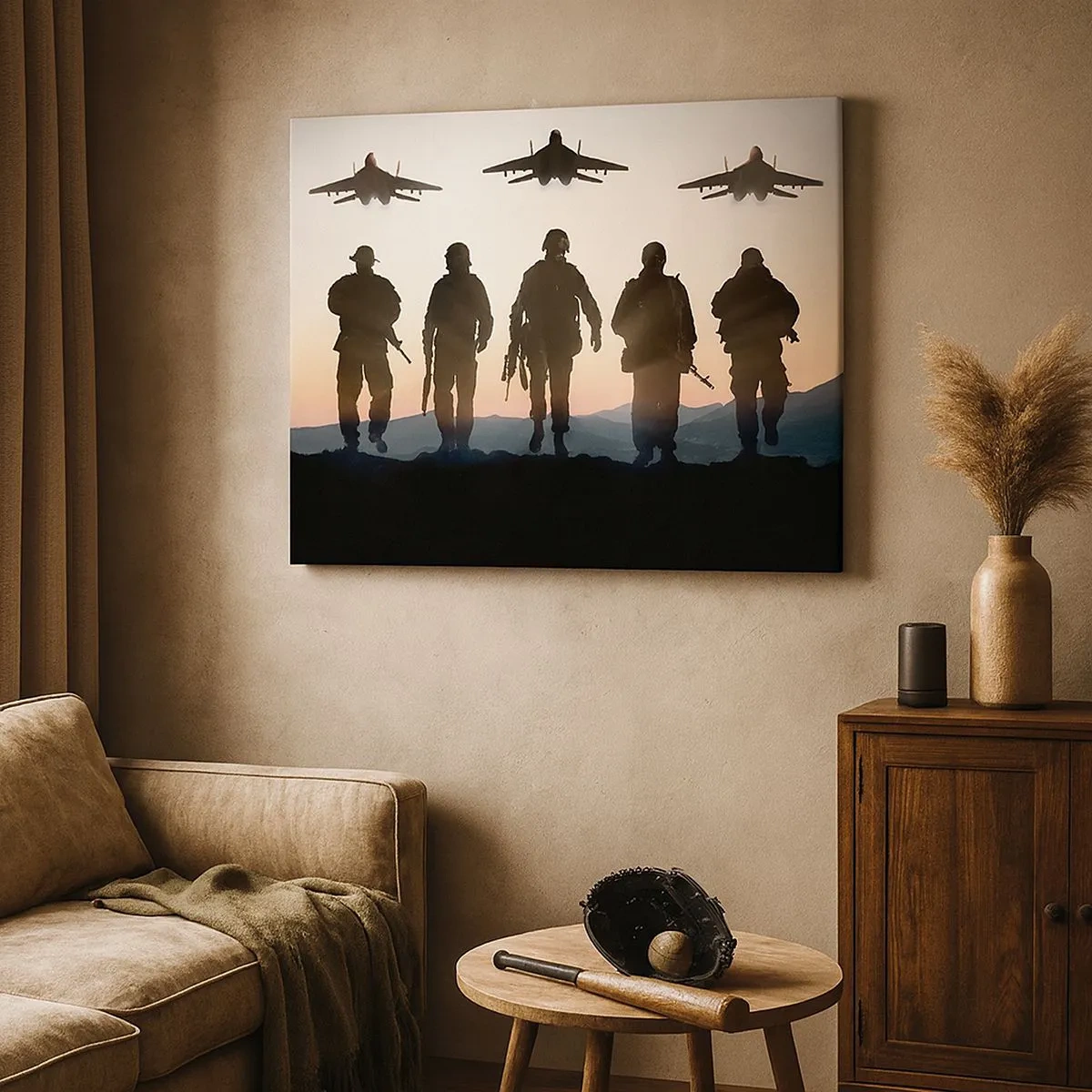 Cuadro sobre lienzo - Impresión de Imagen - Siluetas de soldados y aviones de combate contra el fondo del atardecer. - 70x50cm - Bienvenido a nuestro mundo - Decoración de pared moderna para salón y dormitorio ARTTOR