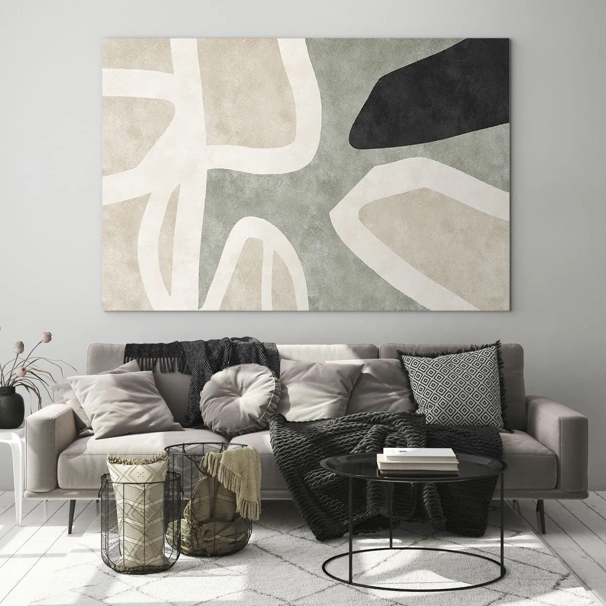 Cuadro sobre vidrio - Impresiones sobre Vidrio - Formas abstractas en beige y verde con un toque de negro. - 70x50cm - Composición con un toque negro - Decoración de pared moderna para salón y dormitorio ARTTOR