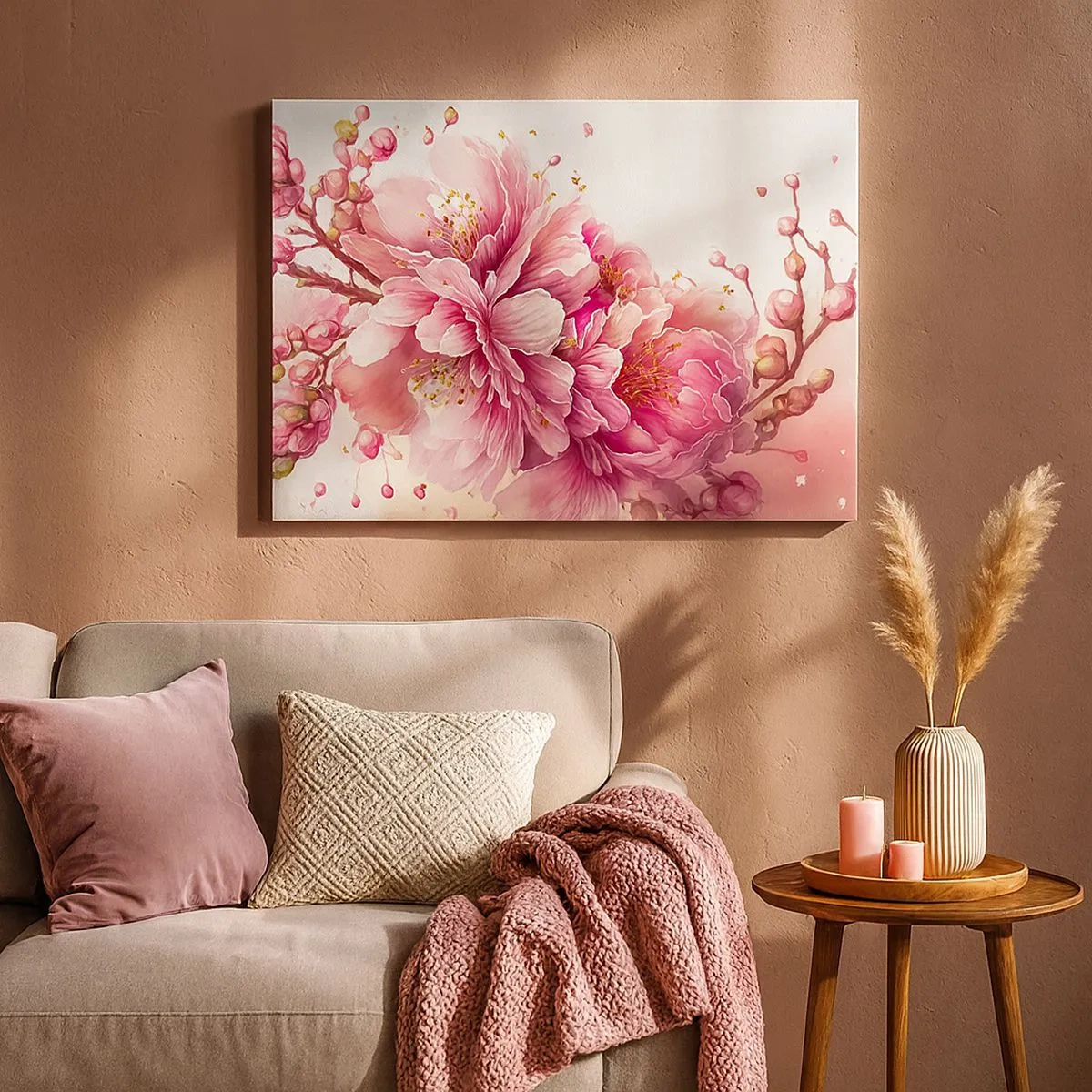 Cuadro sobre lienzo - Impresión de Imagen - Delicadas flores de cerezo en plena floración sobre un fondo claro. - 70x50cm - Flor de cerezo - Decoración de pared moderna para salón y dormitorio ARTTOR