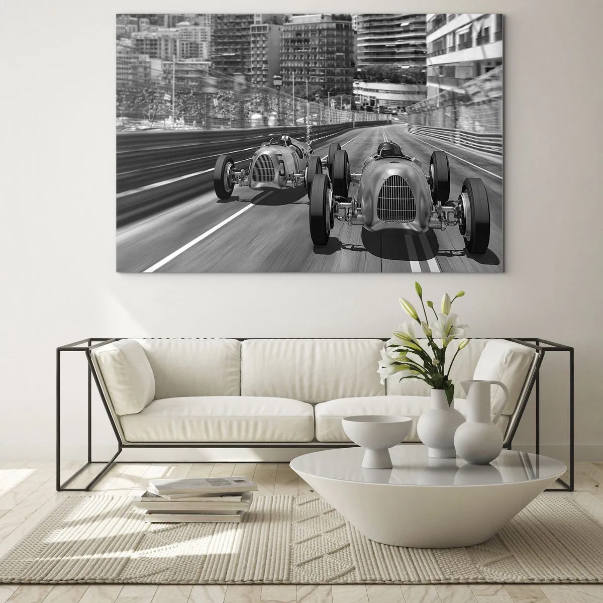 Cuadro sobre vidrio - Impresiones sobre Vidrio - Carrera de coches histórica en blanco y negro - 70x50cm - Érase una vez en Montecarlo - Decoración de pared moderna para salón y dormitorio ARTTOR