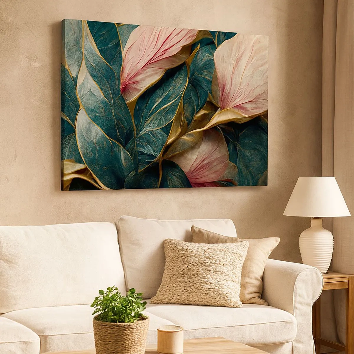 Cuadro sobre lienzo - Impresión de Imagen - Hojas elegantes en verde, dorado y rosa. - 70x50cm - Elegancia y estilo naturales - Decoración de pared moderna para salón y dormitorio ARTTOR
