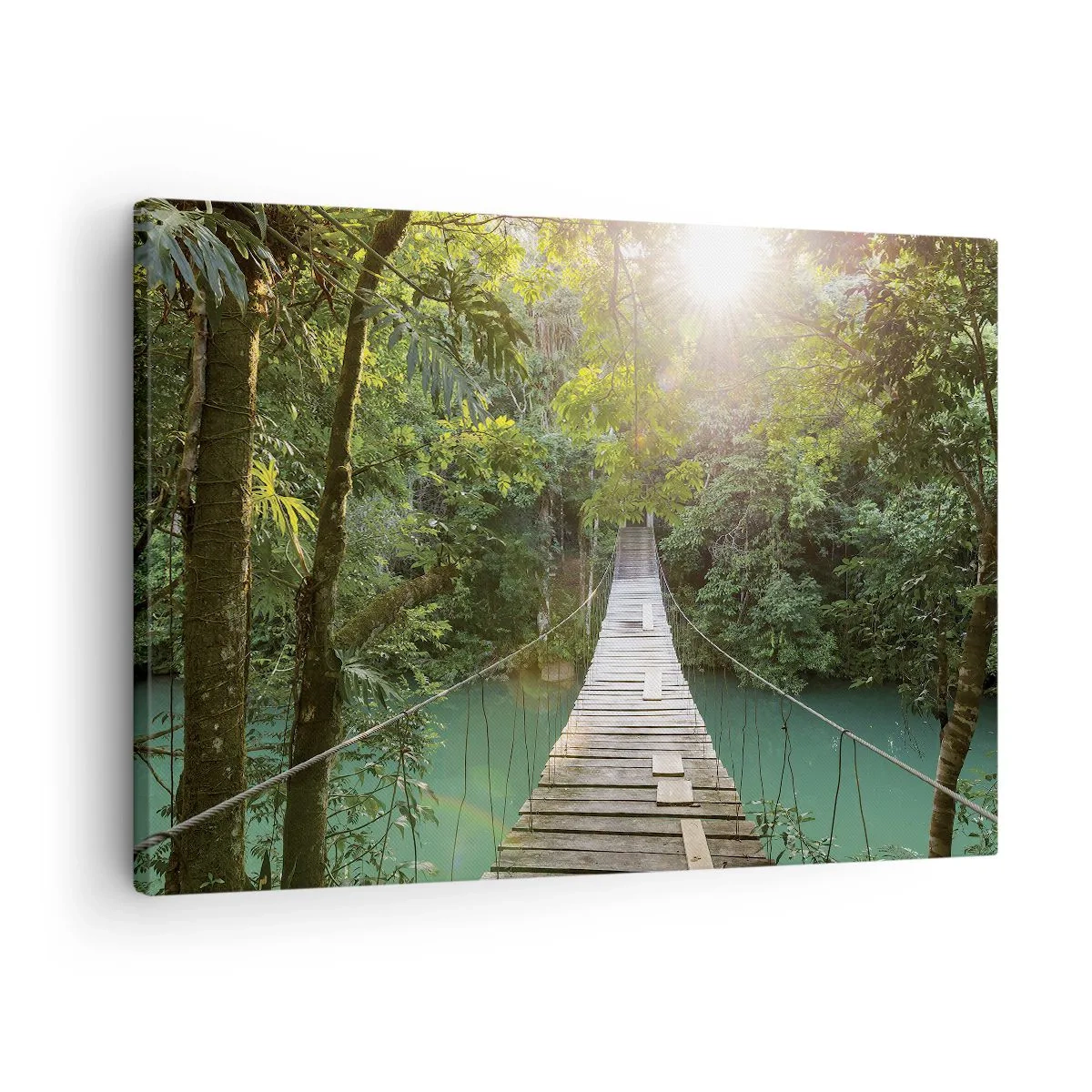 Cuadro sobre lienzo - Impresión de Imagen - Un puente colgante en un bosque tropical iluminado por la luz del sol. - 70x50cm - Sobre el agua azul hacia el bosque - Decoración de pared moderna para salón y dormitorio ARTTOR