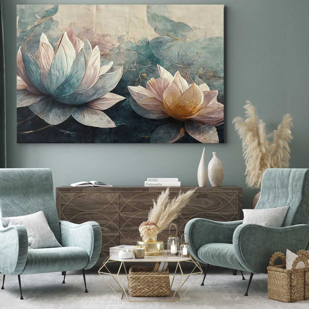 Cuadro sobre lienzo - Impresión de Imagen - Nenúfares sutiles en tonos pastel de azul y dorado. - 70x50cm - Estrellas de lago - Decoración de pared moderna para salón y dormitorio ARTTOR