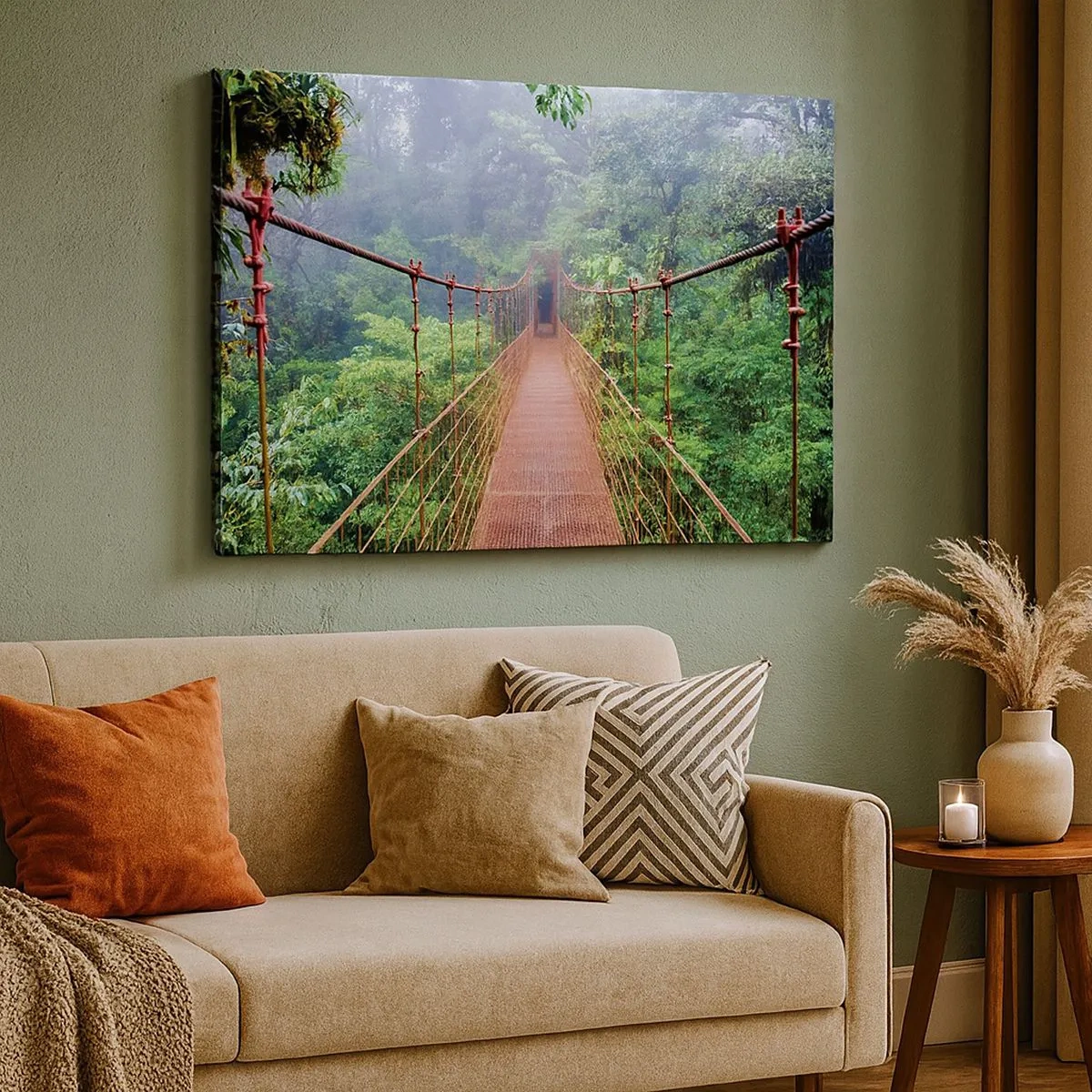 Cuadro sobre lienzo - Impresión de Imagen - Un puente colgante en una selva tropical rodeado de niebla. - 70x50cm - Suspendido sobre las copas - Decoración de pared moderna para salón y dormitorio ARTTOR