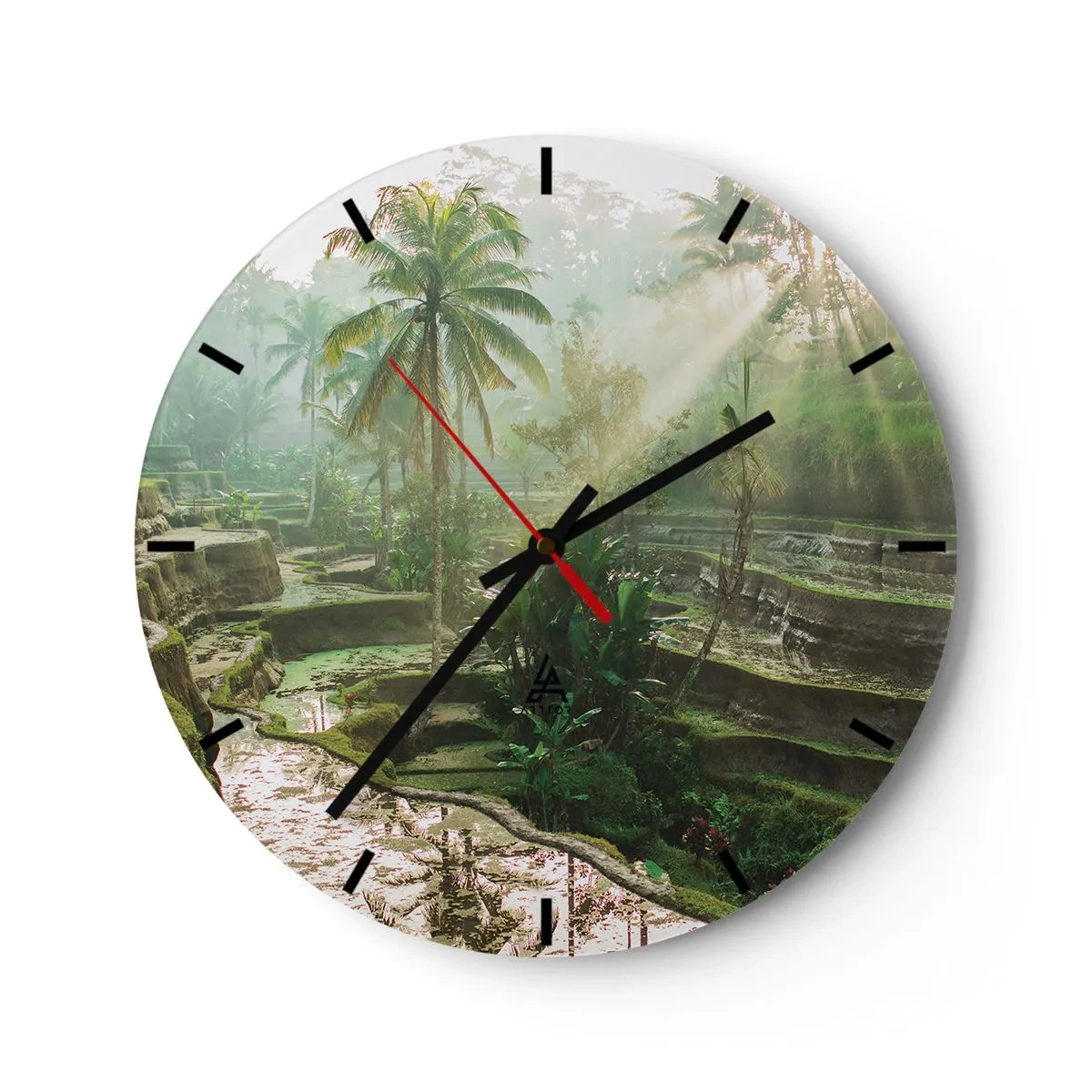 Reloj de pared - Reloj de vidrio - Terrazas de arroz en un paisaje tropical en una mañana brumosa - 30x30cm - Crecer bajo el sol - Decoración de pared moderna para salón, cocina y dormitorio ARTTOR
