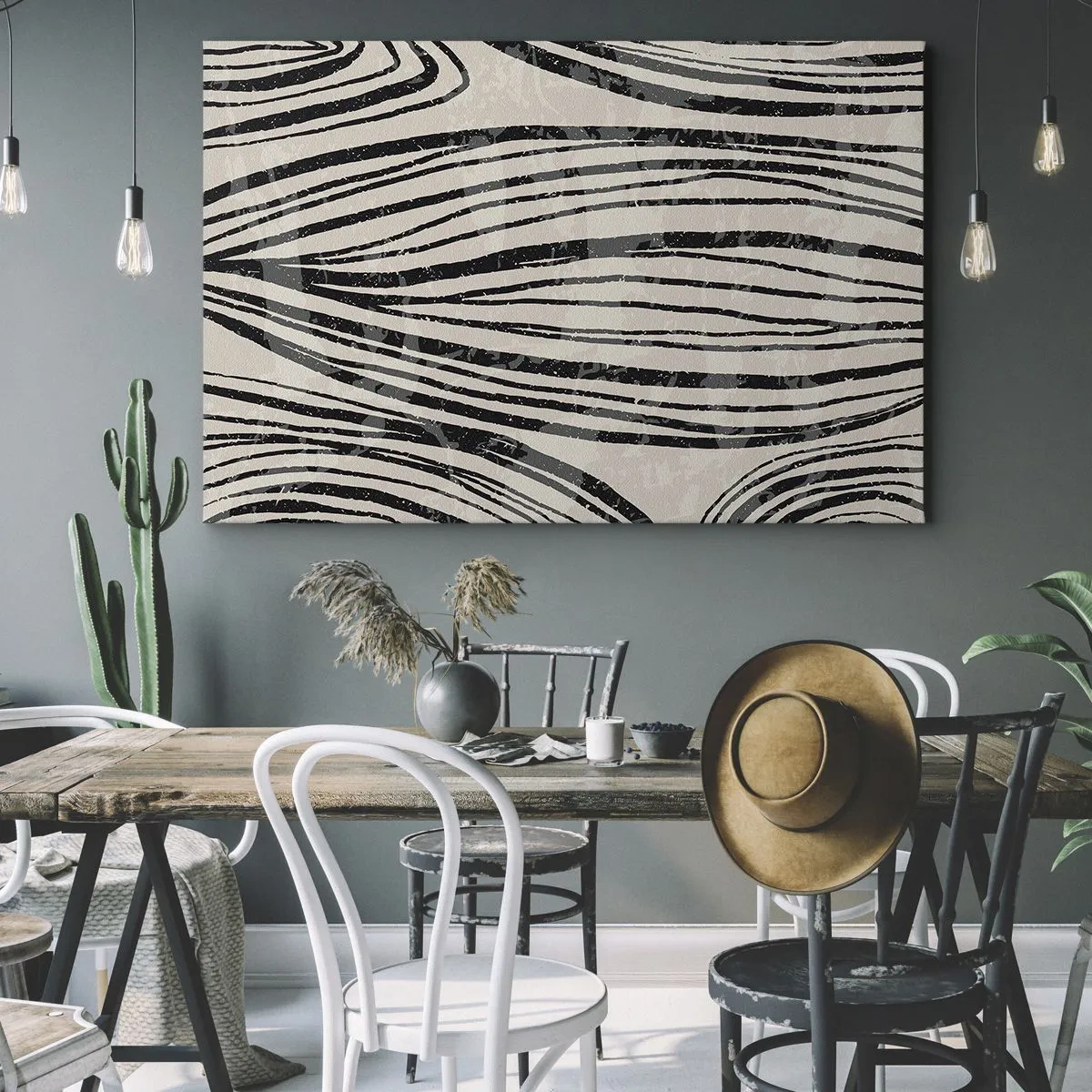 Cuadro sobre lienzo - Impresión de Imagen - Ondas abstractas en tonos blanco y negro - 70x50cm - Salpicadura de líneas - Decoración de pared moderna para salón y dormitorio ARTTOR