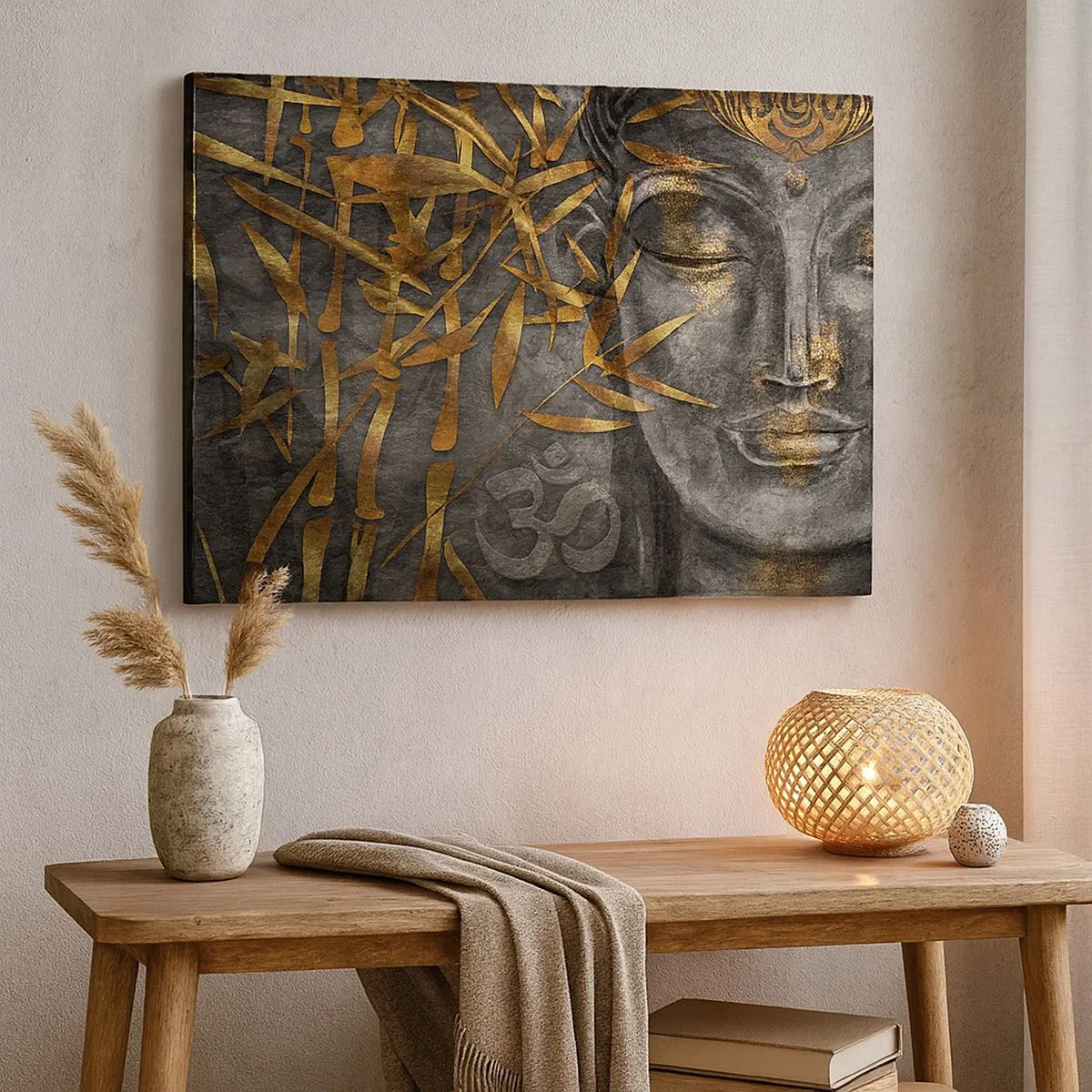 Cuadro sobre lienzo - Impresión de Imagen - Imagen de Buda zen con bambúes dorados - 70x50cm - Siente la paz - Decoración de pared moderna para salón y dormitorio ARTTOR