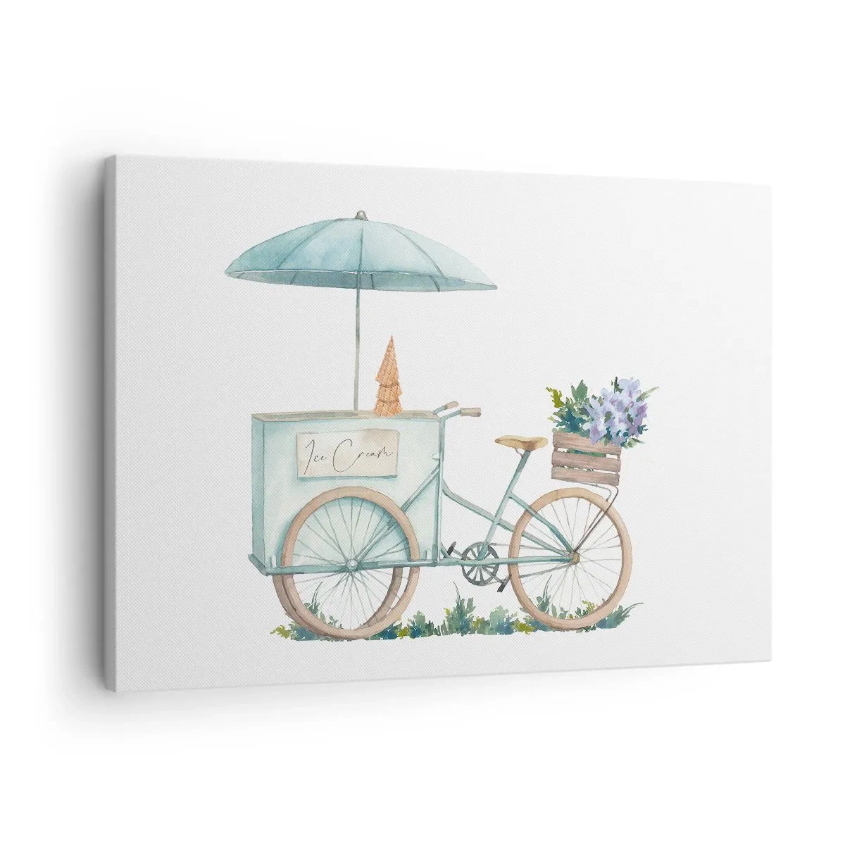 Cuadro sobre lienzo - Impresión de Imagen - Una bicicleta con helado y flores bajo una sombrilla en delicados colores pastel. - 70x50cm - Dulce recuerdo del verano - Decoración de pared moderna para salón y dormitorio ARTTOR