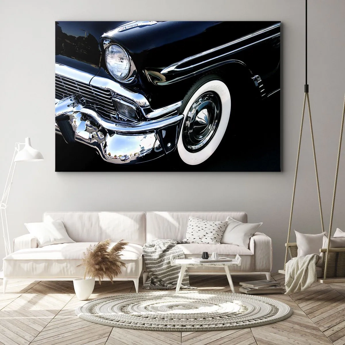 Cuadro sobre lienzo - Impresión de Imagen - Primer plano del faro y el guardabarros de un coche clásico negro - 70x50cm - Clásicos en plata, negro y blanco - Decoración de pared moderna para salón y dormitorio ARTTOR