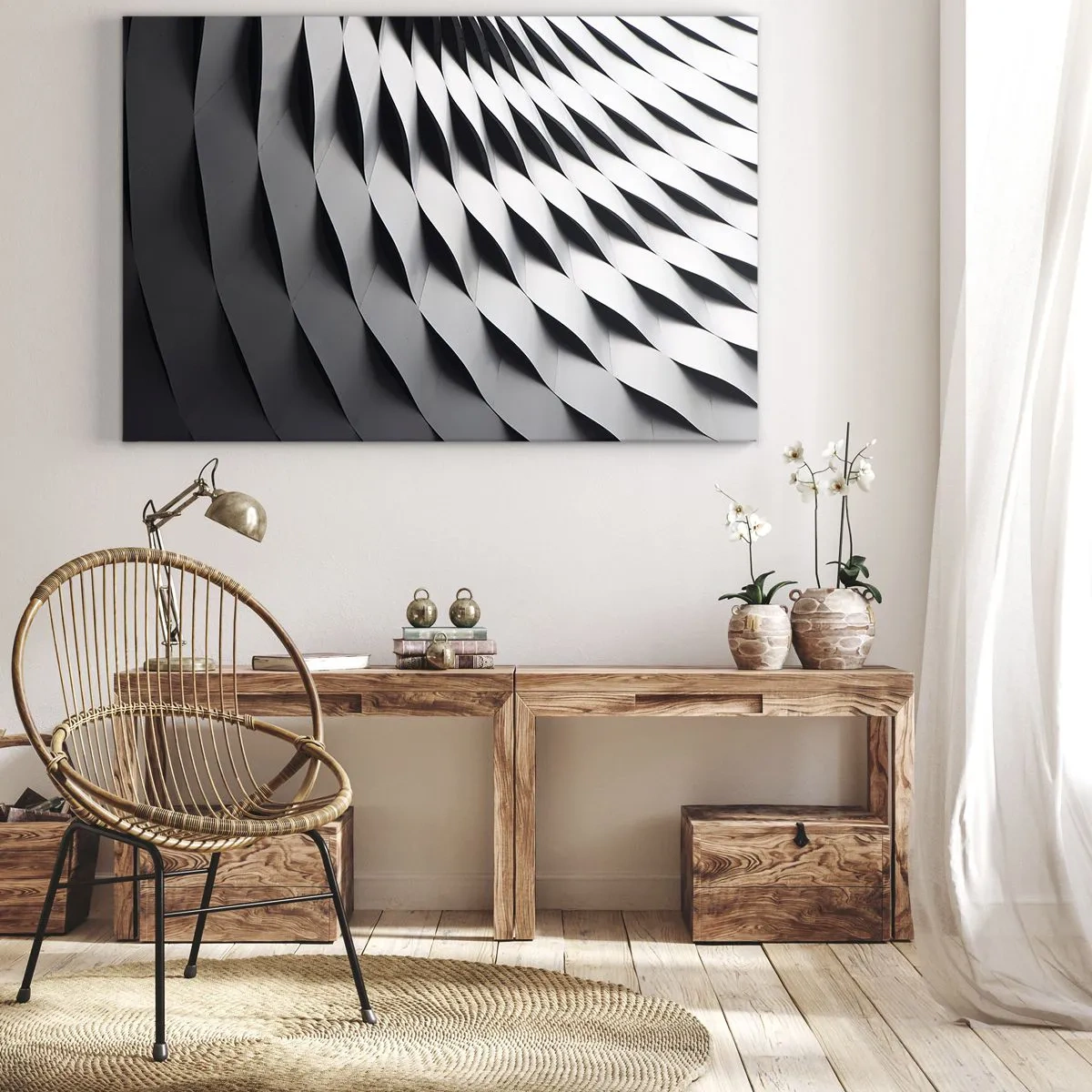 Cuadro sobre lienzo - Impresión de Imagen - Patrón geométrico abstracto en tonos blanco y negro. - 70x50cm - En la superficie de las ondas - Decoración de pared moderna para salón y dormitorio ARTTOR