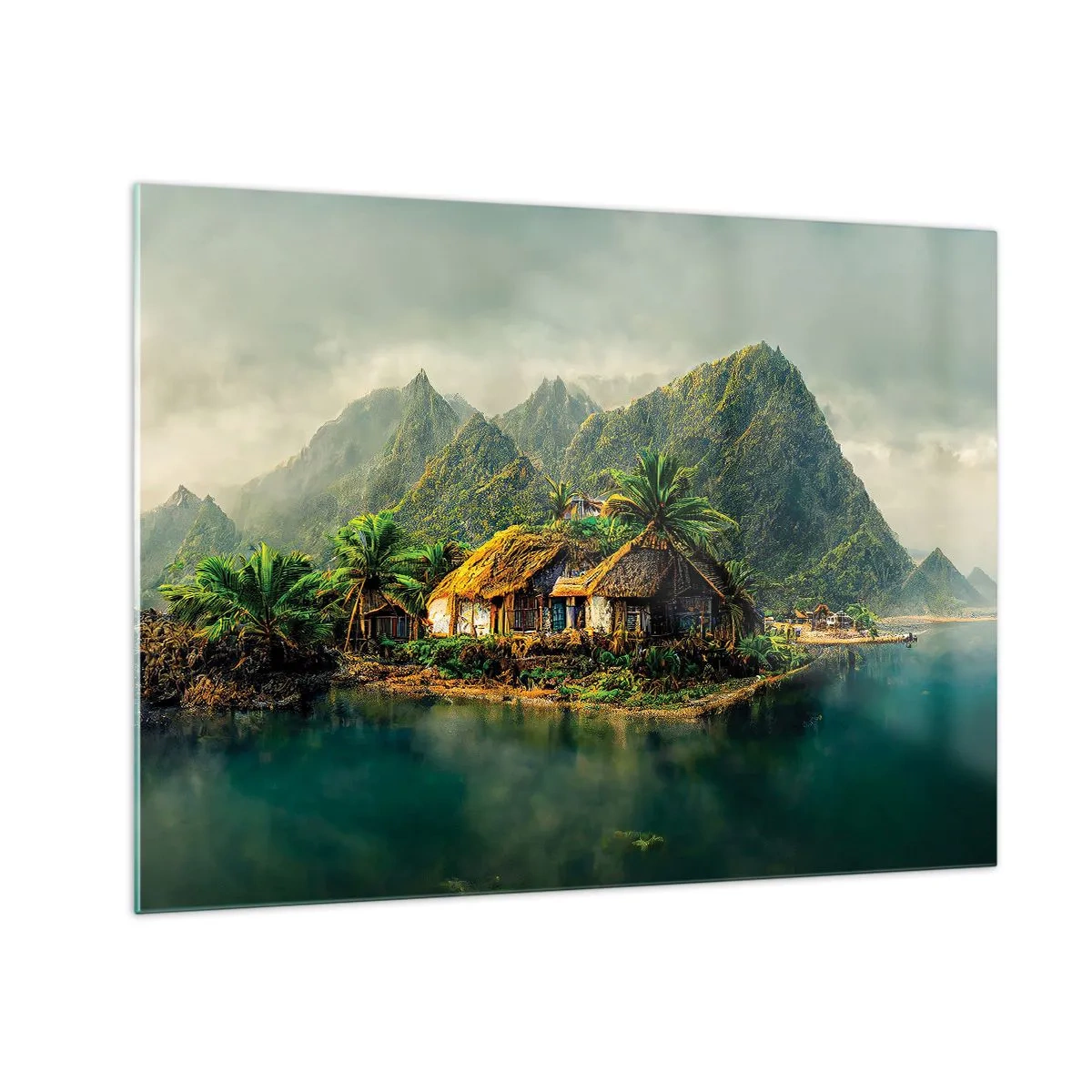 Cuadro sobre vidrio - Impresiones sobre Vidrio - Un pueblo tropical junto al agua rodeado de montañas y palmeras. - 70x50cm - Paraíso tropical - Decoración de pared moderna para salón y dormitorio ARTTOR