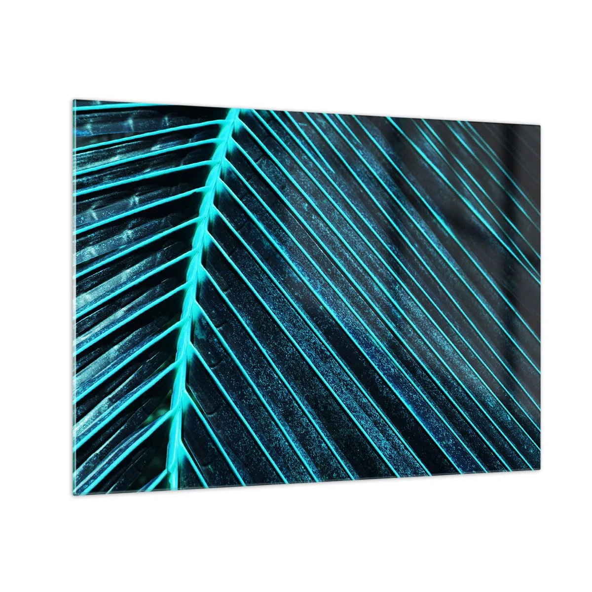 Cuadro sobre vidrio - Impresiones sobre Vidrio - Fotografía macro de una hoja de palma en tonos turquesa. - 70x50cm - La textura del verde - Decoración de pared moderna para salón y dormitorio ARTTOR