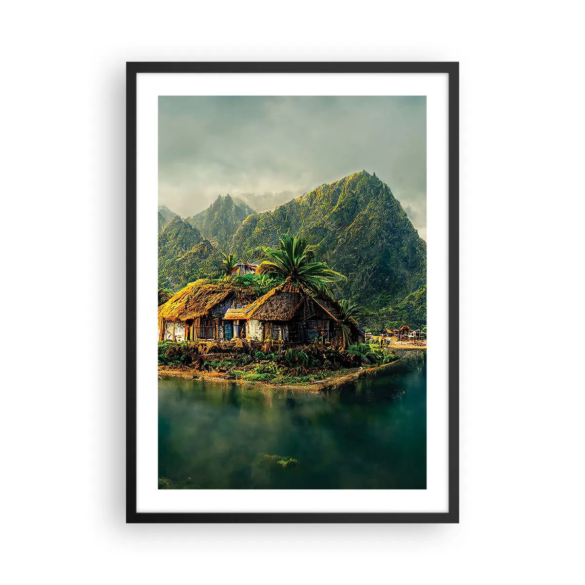 Póster en marco negro - Cabaña tropical con montañas y un lago al fondo. - 50x70cm - Paraíso tropical - Decoración de pared moderna para salón y dormitorio ARTTOR