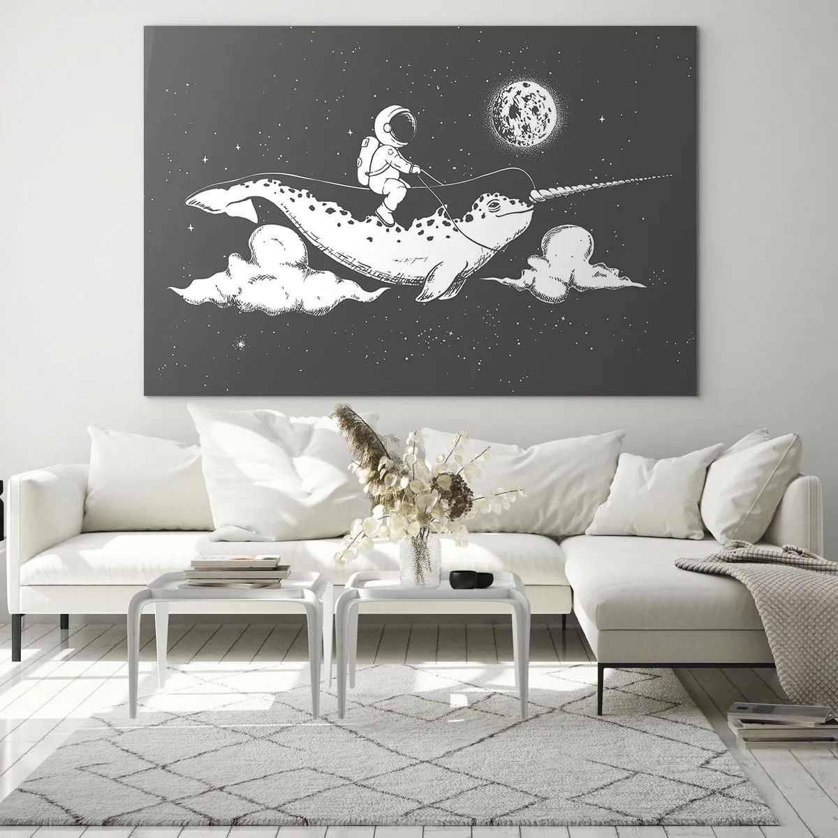 Cuadro sobre vidrio - Impresiones sobre Vidrio - Astronauta montando un narval en un entorno espacial - 70x50cm - Jinete espacial - Decoración de pared moderna para salón y dormitorio ARTTOR