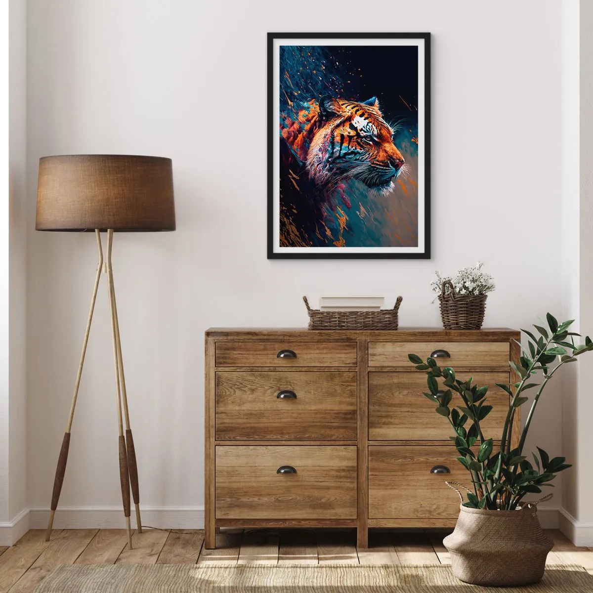 Póster en marco negro - Un retrato dinámico de un tigre en estilo artístico. - 50x70cm - Belleza salvaje - Decoración de pared moderna para salón y dormitorio ARTTOR