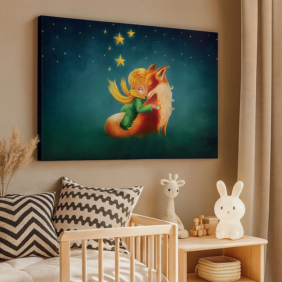 Cuadro sobre lienzo - Impresión de Imagen - Un niño con un zorro en un entorno mágico con estrellas. - 70x50cm - El Principito - Decoración de pared moderna para salón y dormitorio ARTTOR