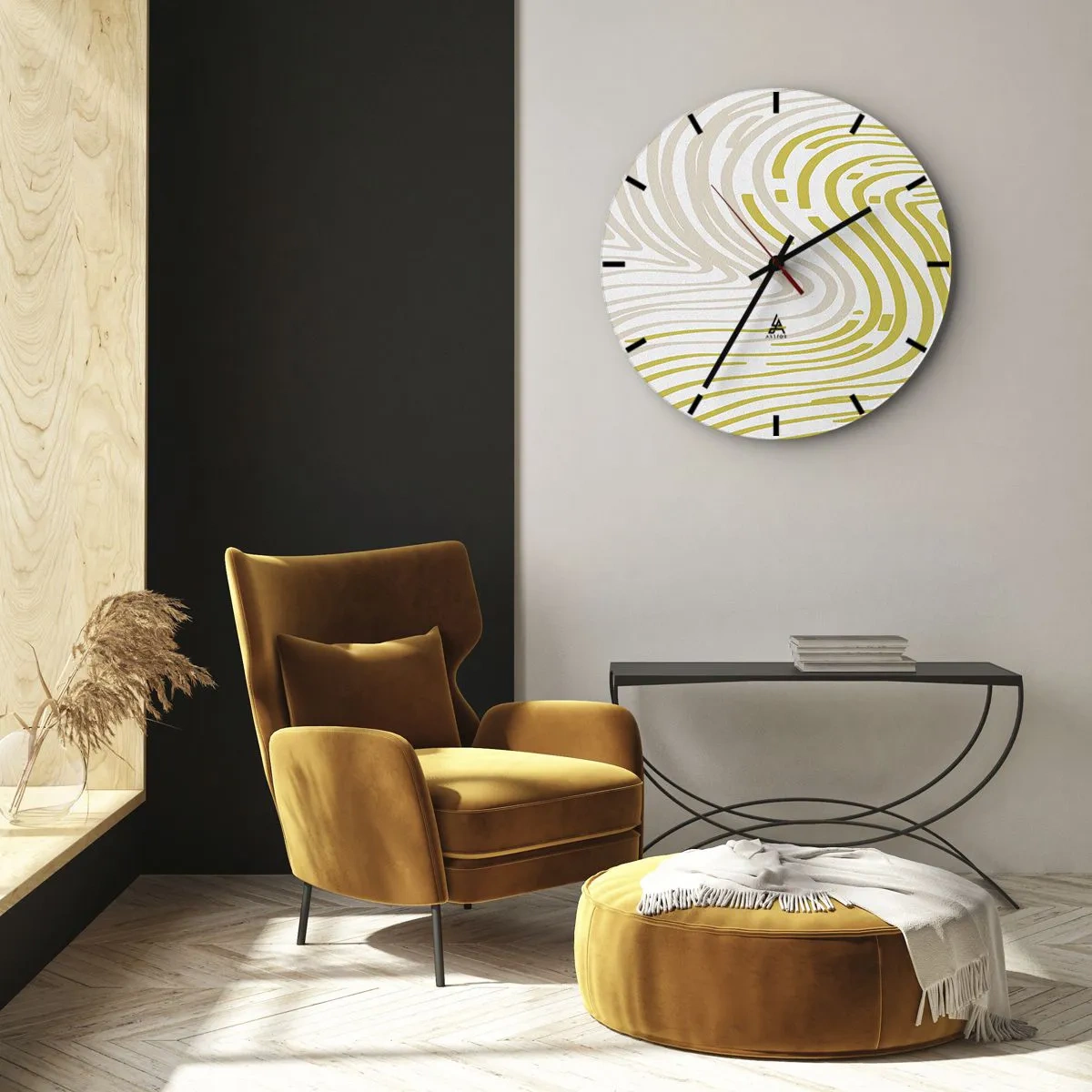 Reloj de pared - Reloj de vidrio - Las líneas abstractas en beige y amarillo crean un patrón en espiral. - 30x30cm - Composición curvada - Decoración de pared moderna para salón, cocina y dormitorio ARTTOR