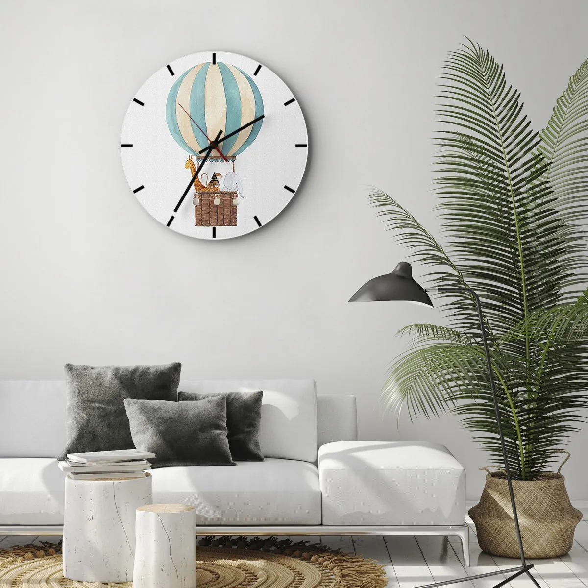 Reloj de pared - Reloj de vidrio - Un globo con una jirafa y un elefante flotando en las nubes. - 30x30cm - Viaje fantástico - Decoración de pared moderna para salón, cocina y dormitorio ARTTOR