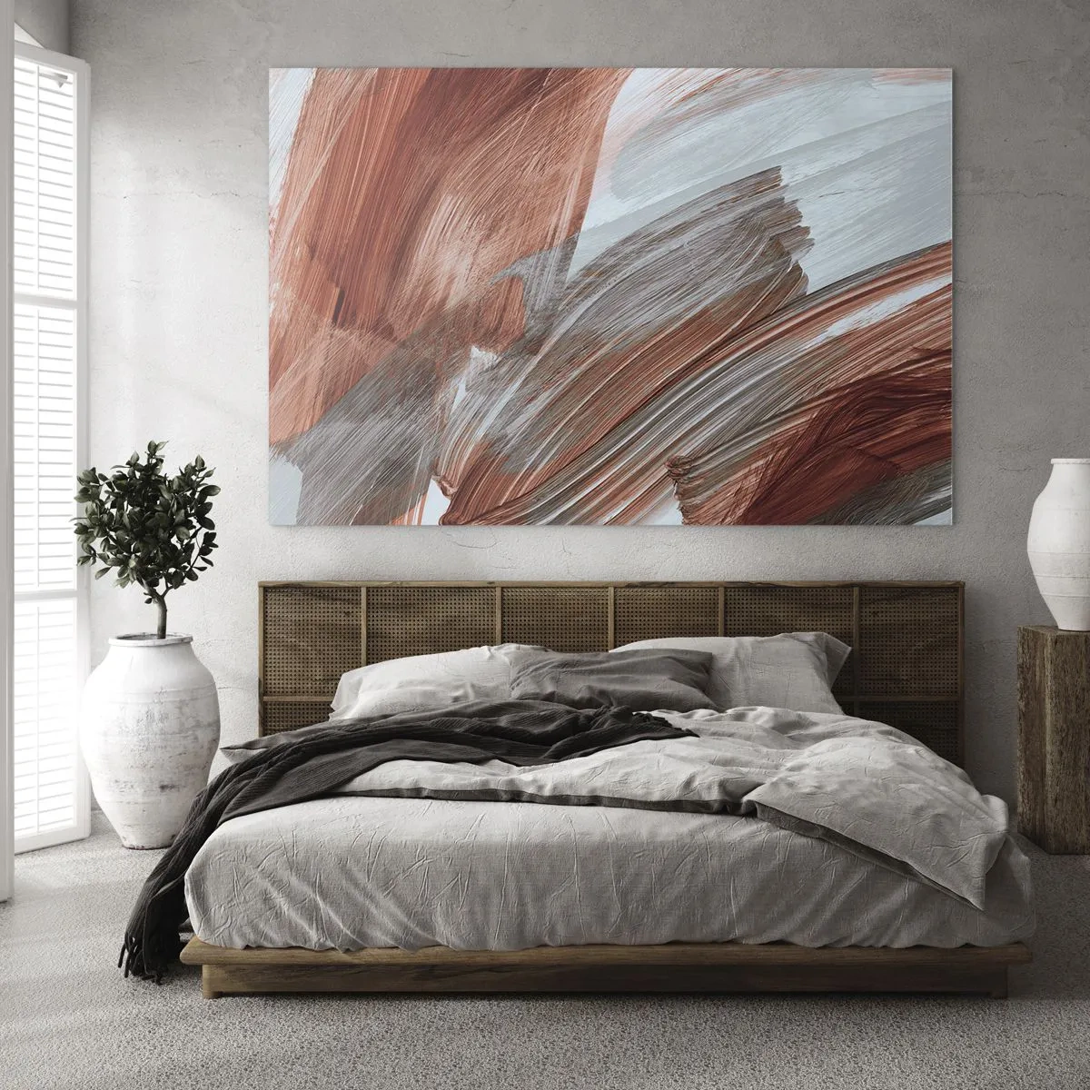 Cuadro sobre vidrio - Impresiones sobre Vidrio - Pinceladas dinámicas en cálidos colores otoñales y azules fríos. - 70x50cm - Abstracción otoñal y ventosa - Decoración de pared moderna para salón y dormitorio ARTTOR
