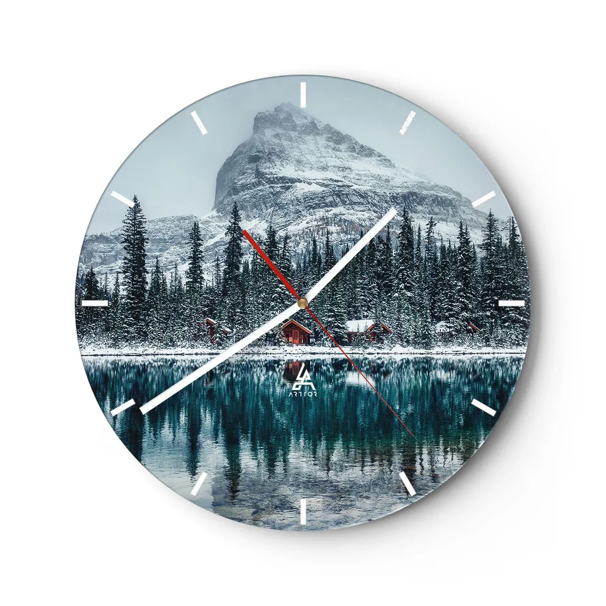 Reloj de pared - Reloj de vidrio - Paisaje invernal con lago, bosque y montaña al fondo. - 30x30cm - Retiro canadiense - Decoración de pared moderna para salón, cocina y dormitorio ARTTOR
