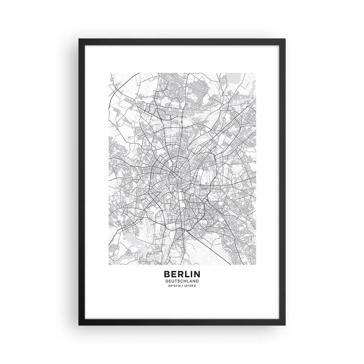Póster en marco negro - Un mapa en blanco y negro de Berlín con calles mapeadas con precisión. - 50x70cm - Flor de Berlín - Decoración de pared moderna para salón y dormitorio ARTTOR